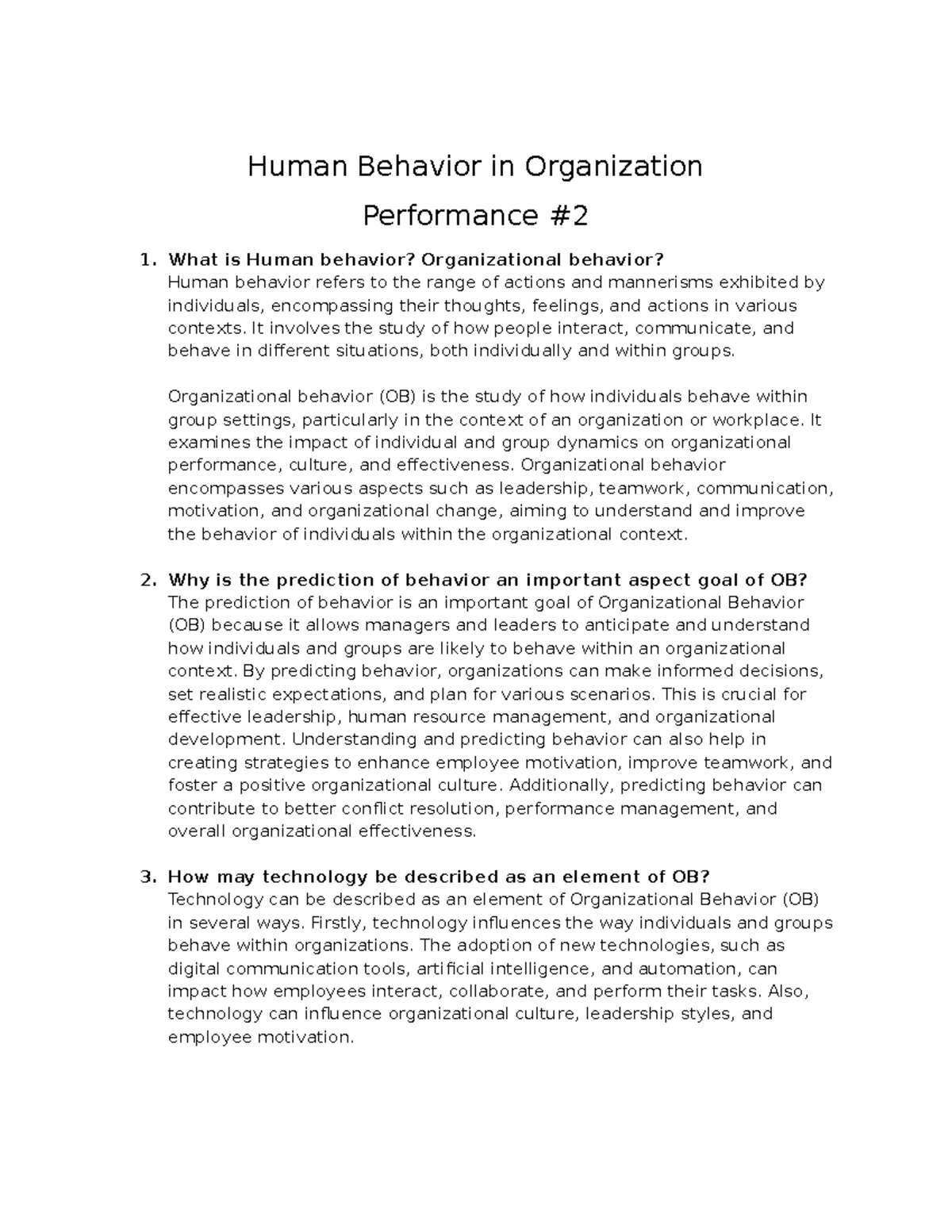 HBO Performance Task: Understanding Human Behavior in Organizations ...
