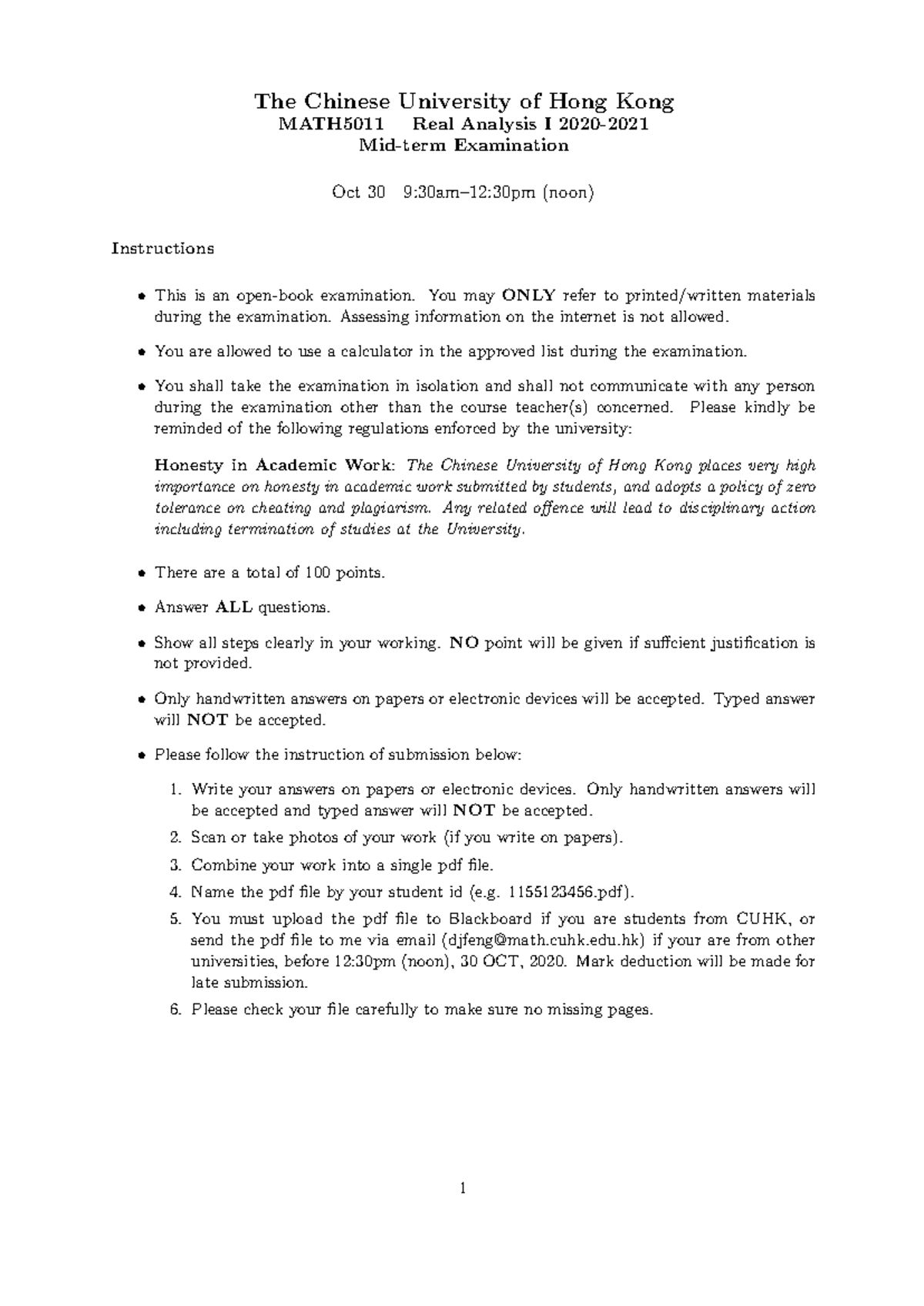 MATH5011 Real Analysis I Final Exam Instructions - Oct 30, 2020 - Studocu