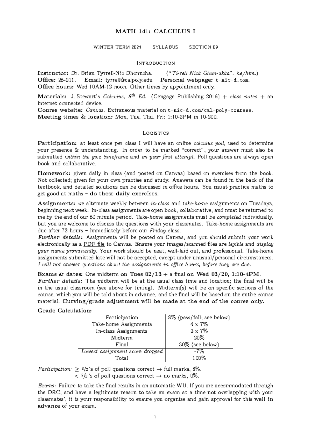 MATH 141 Winter 2024 Syllabus: Calculus I Course Overview - Studocu