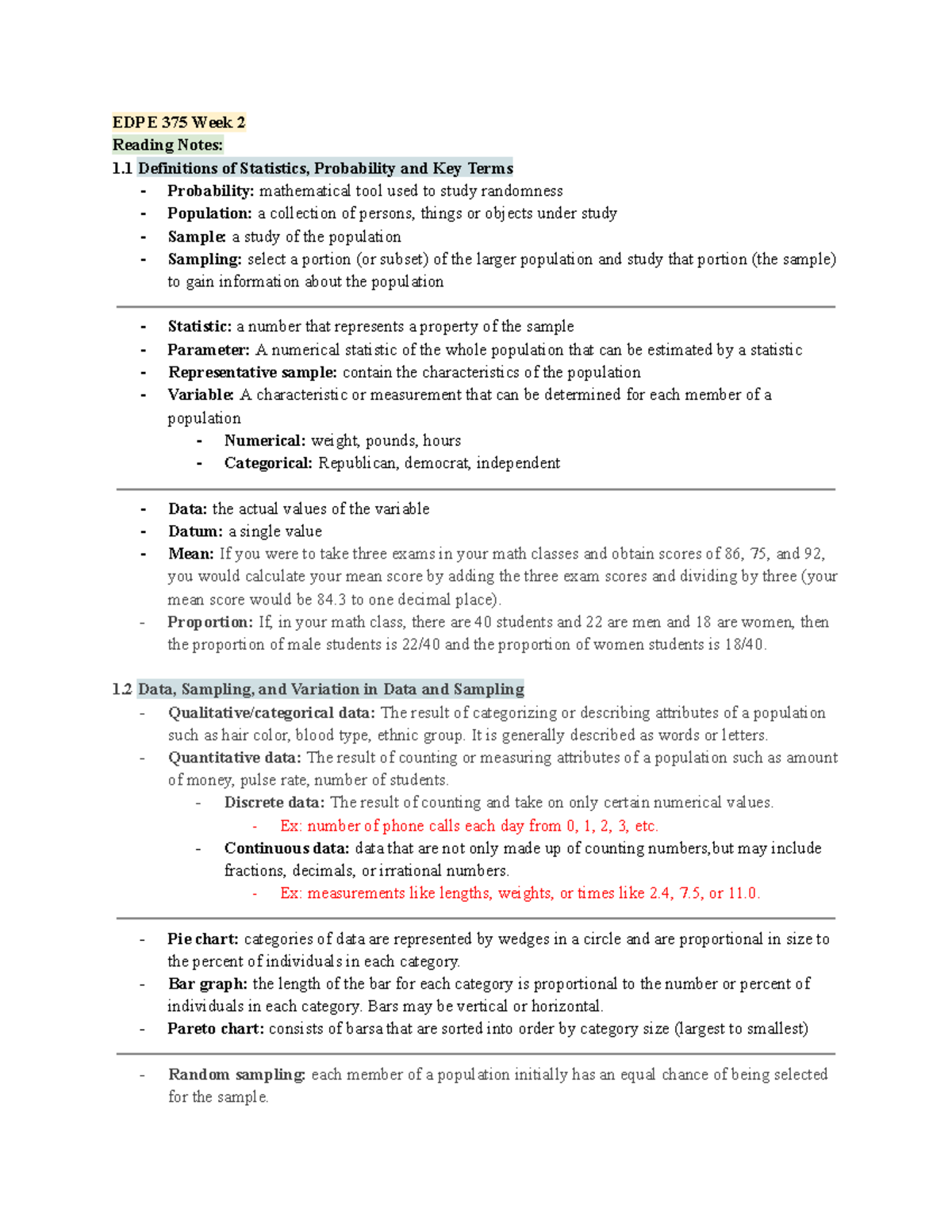 EDPE 375 Week 2 Reading Notes: Statistics, Probability & Key Terms ...