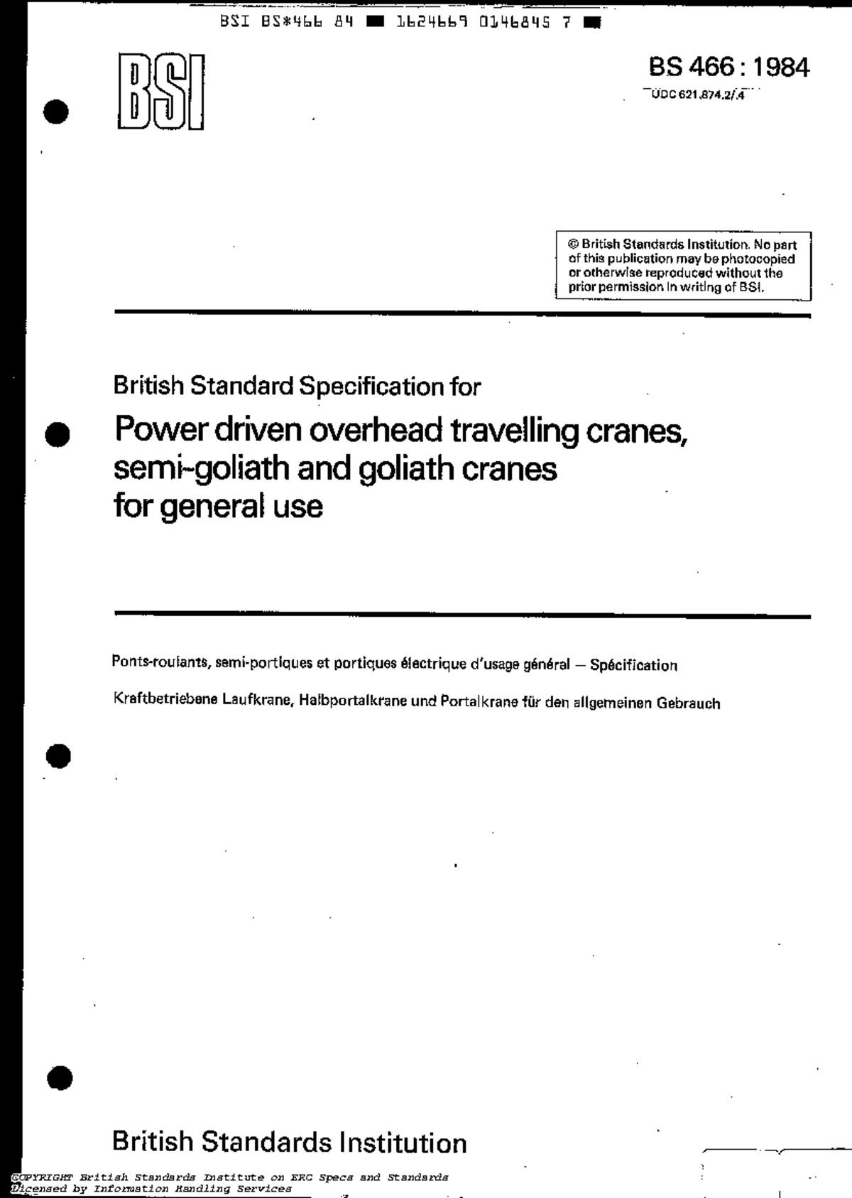 BS 466:1984 - British Standard Specification for Power Driven Overhead ...