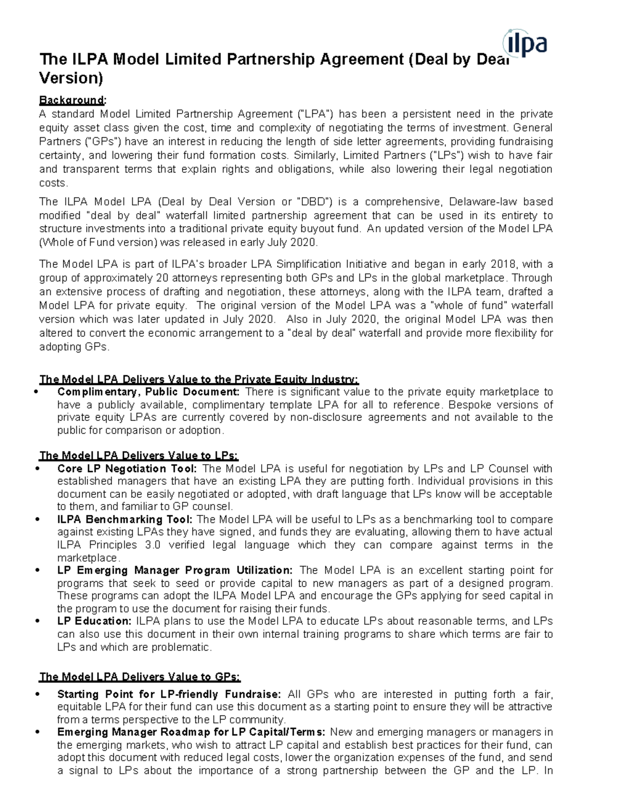 ILPA Model Limited Partnership Agreement (2020 Lecture Notes) - Studocu