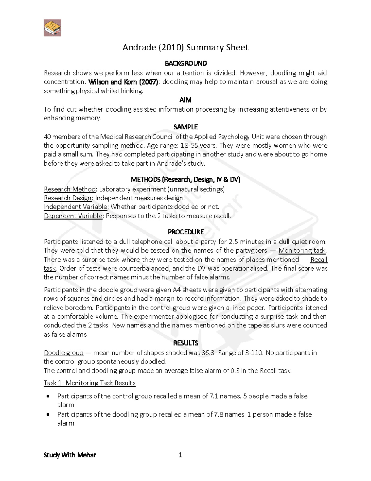 Andrade (2010) Doodling Effects on Memory Recall - Study Summary - Studocu