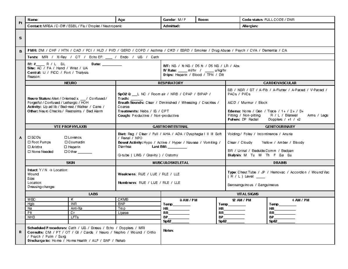 Nursing Handoff Sheet: Essential Patient Information Template - Studocu