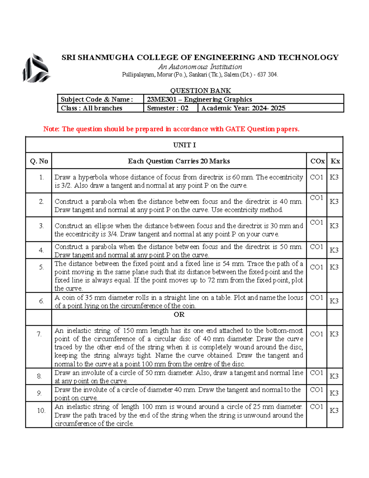 EG 23ME301 Engineering Graphics Question Bank for All Units - Studocu