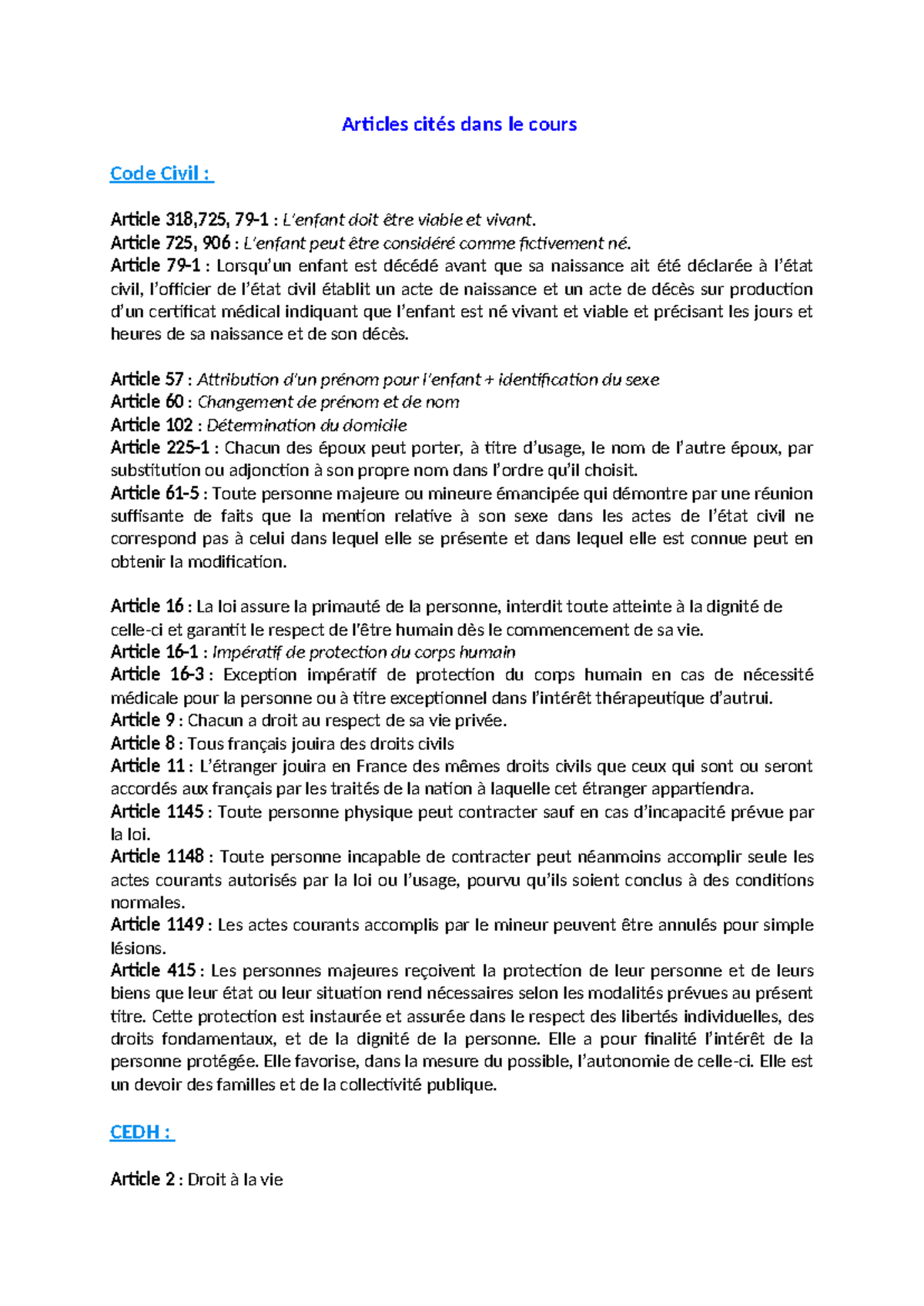 Résumé des articles du Code Civil et autres législations - Studocu