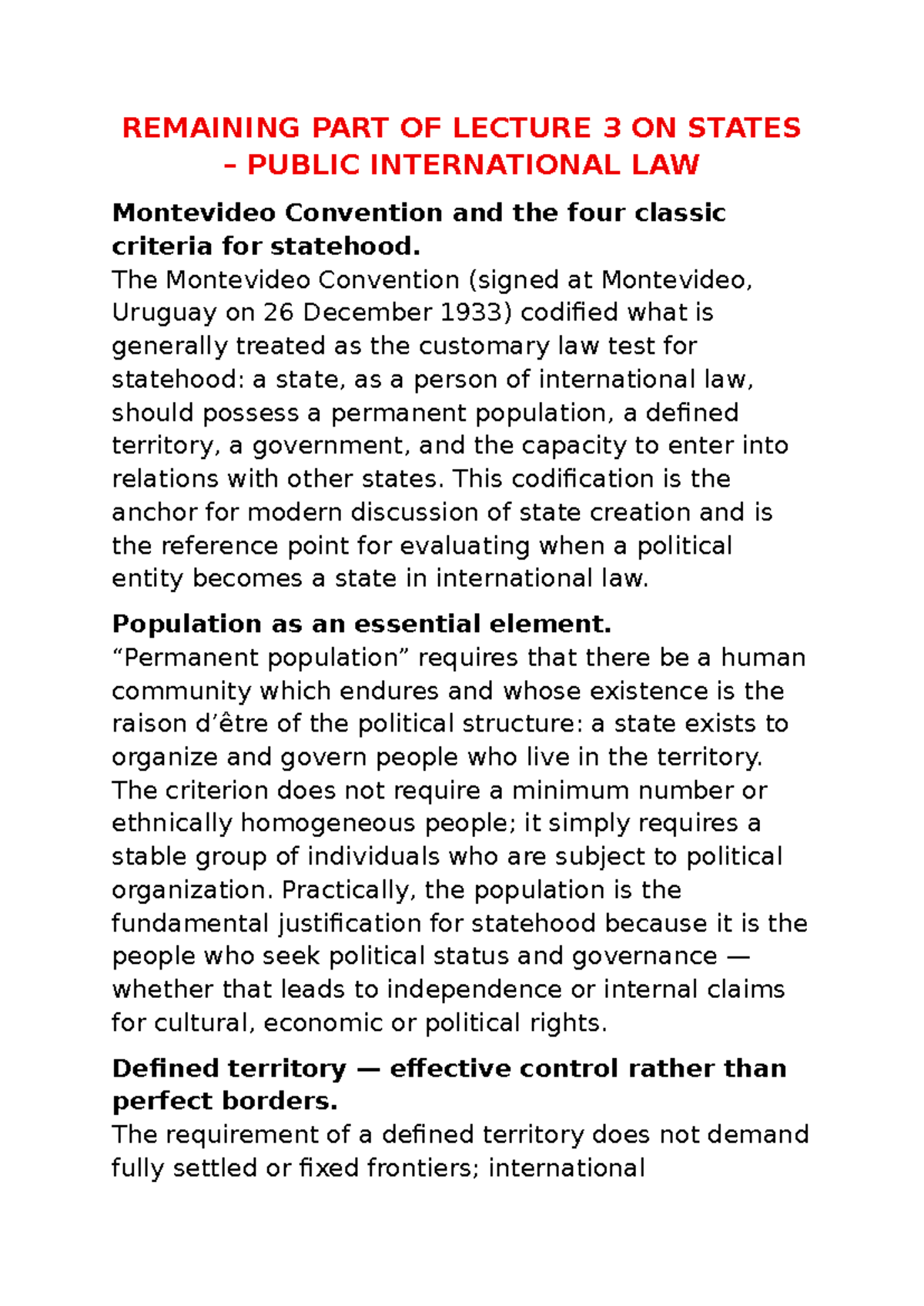 Final Exam Review Notes: Public International Law (PIL) - Montevideo ...