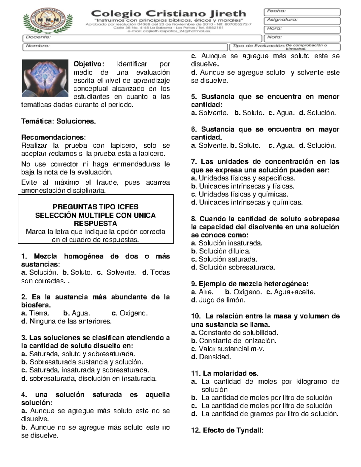 Evaluación ICFES: Preguntas sobre Soluciones y Concentración - Document Preview