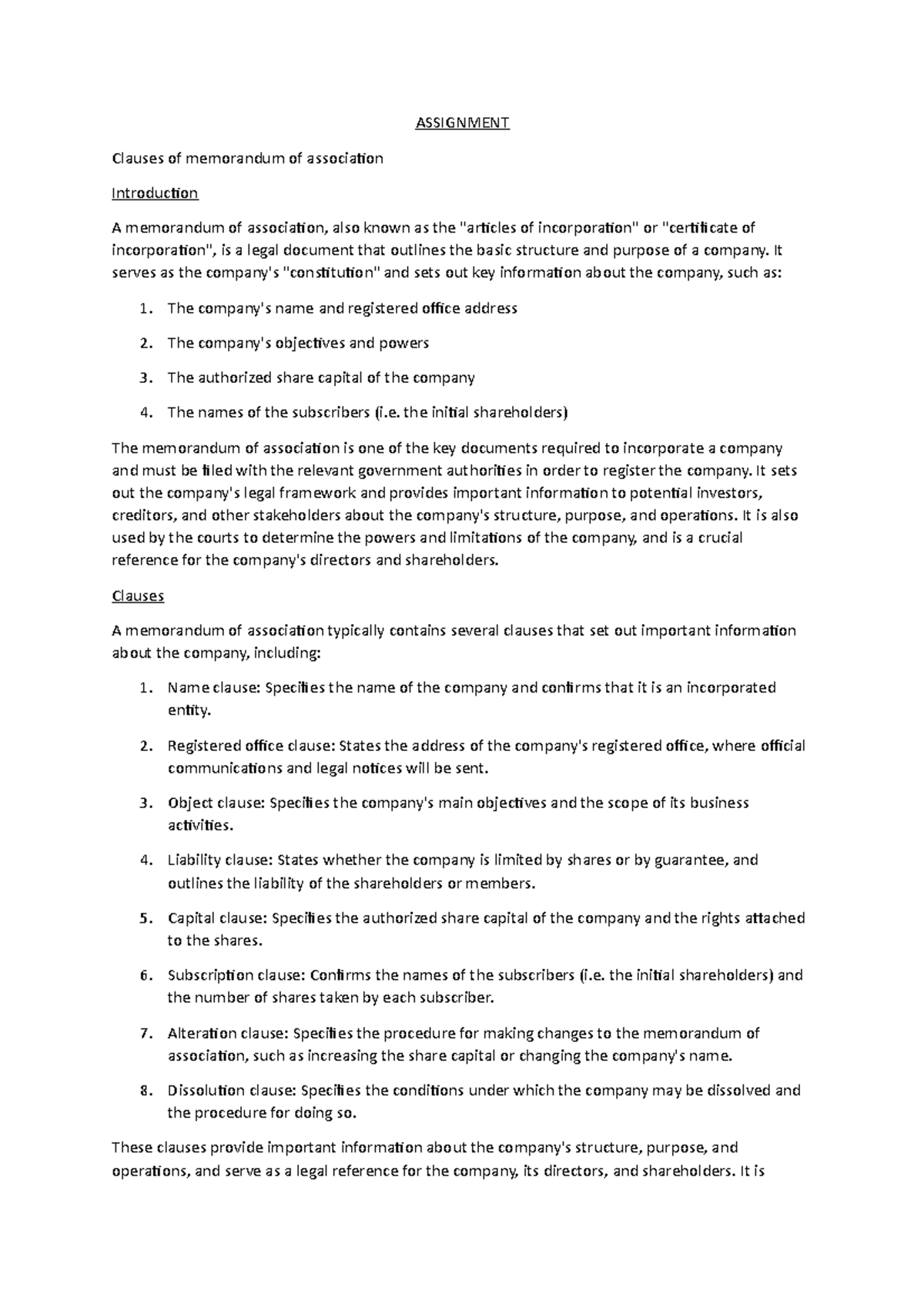 assignment on Clauses - ASSIGNMENT Clauses of memorandum of association ...
