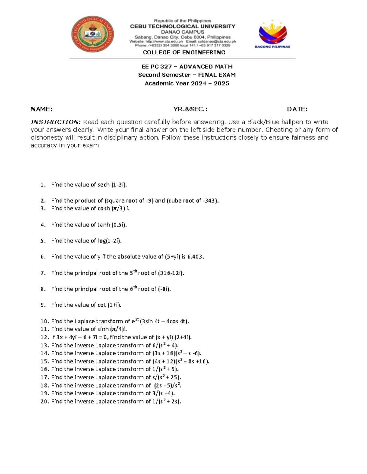 EE PC 327 ADVANCED MATH Final Exam Second Semester 2024-2025 - Studocu