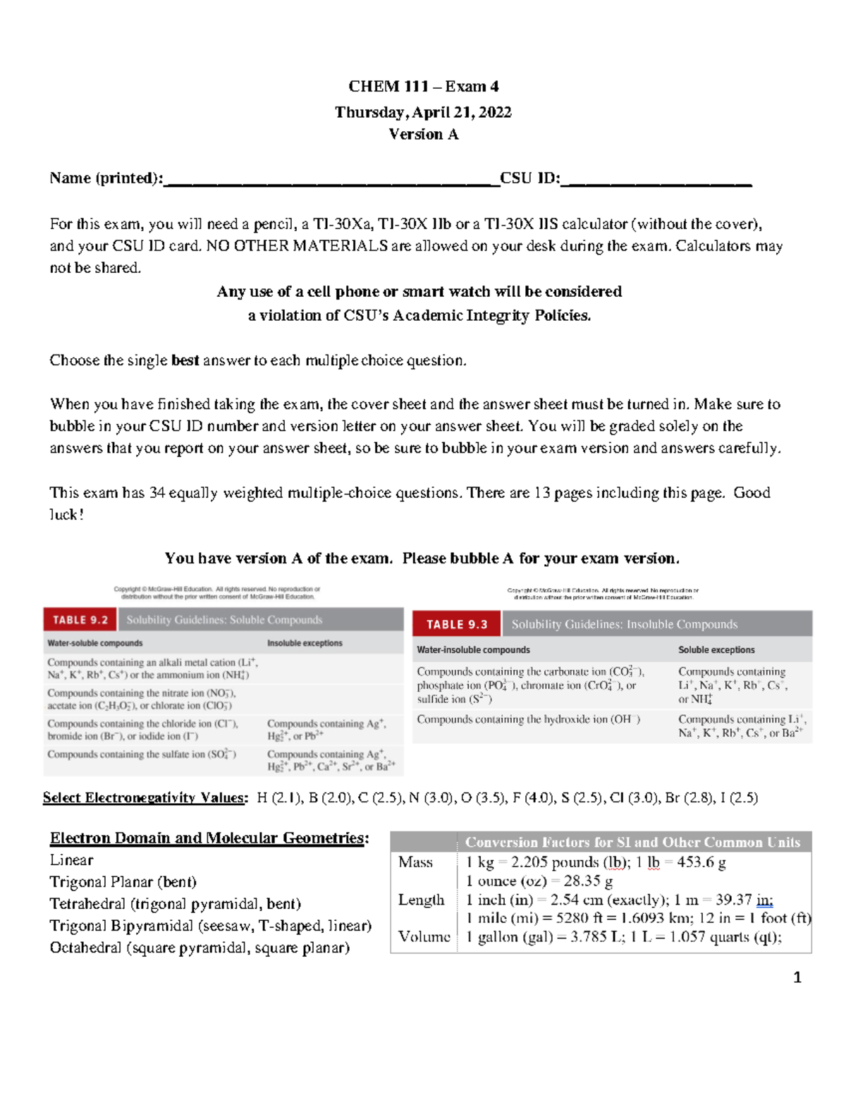 CHEM 111 Exam 4 Review Guide - Answer Key for S2022 - Studocu