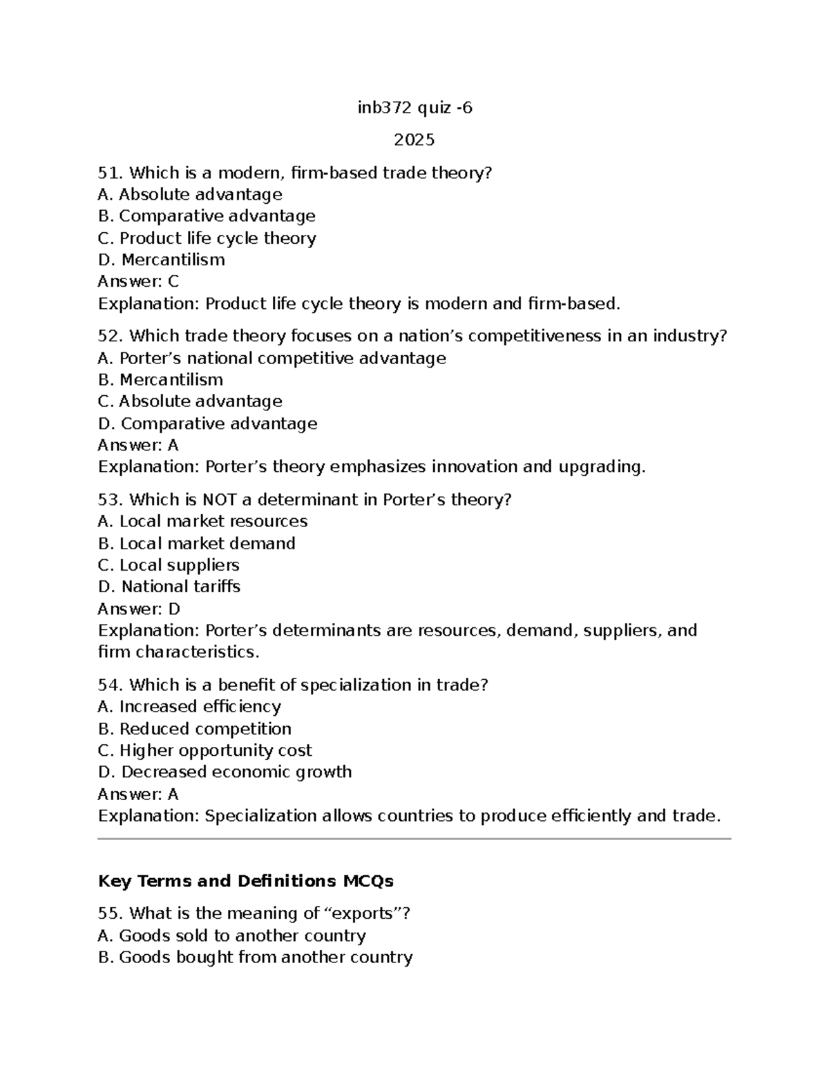 INB372 Quiz: Modern Trade Theories and Key Concepts - Studocu