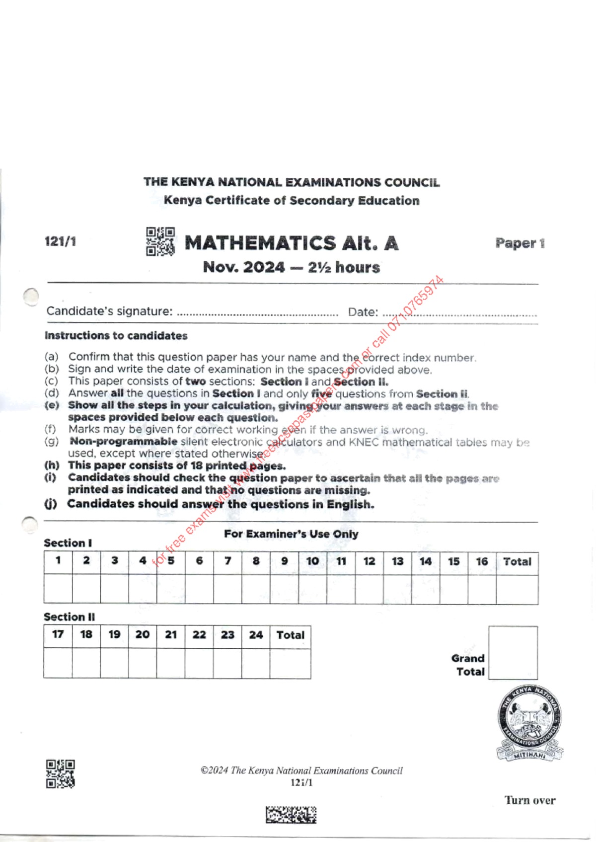 2024 KCSE Math Paper 1 Sample Exam - Studocu