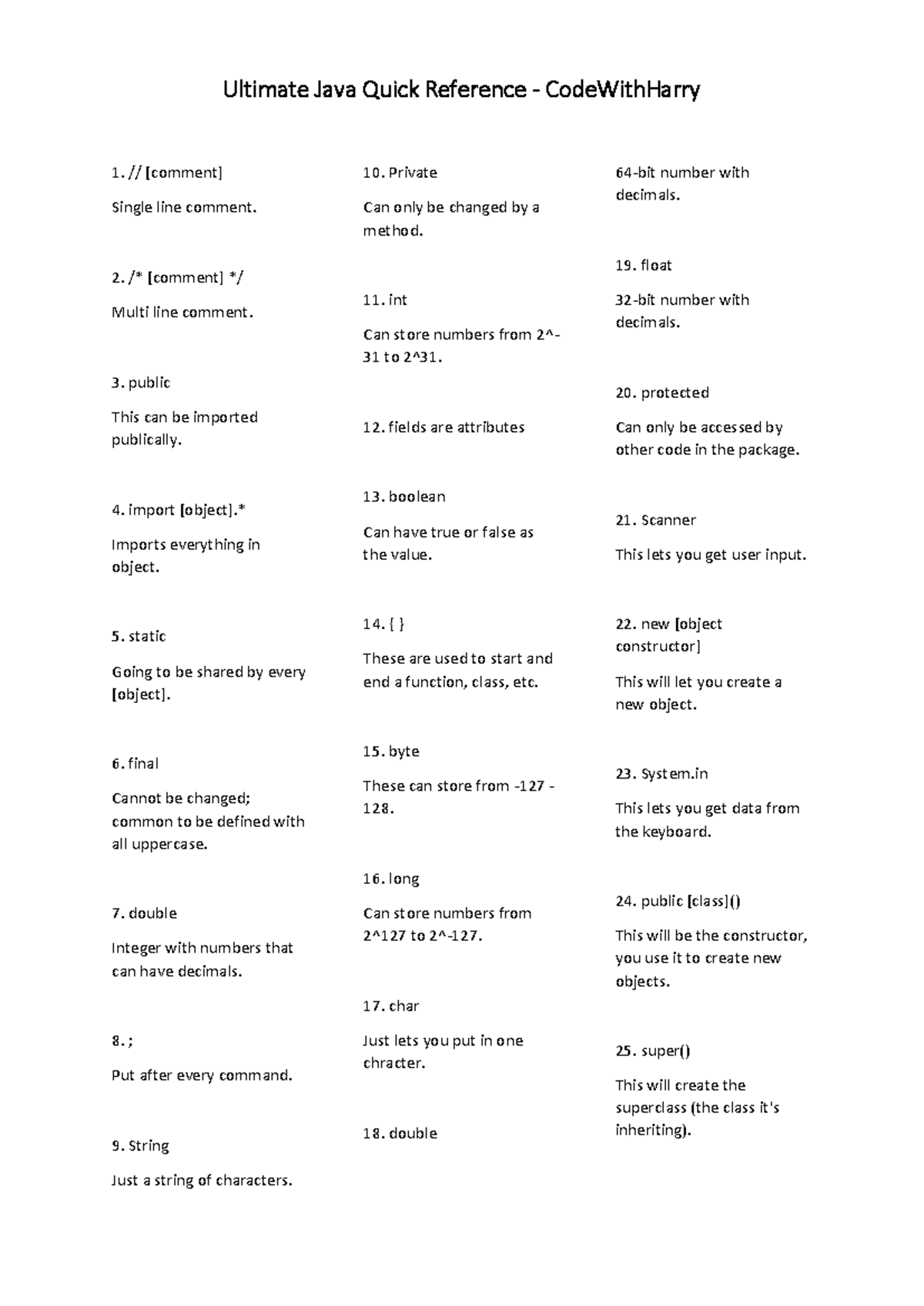 Java Programming Basics Cheat Sheet - CS101 Resource - Studocu