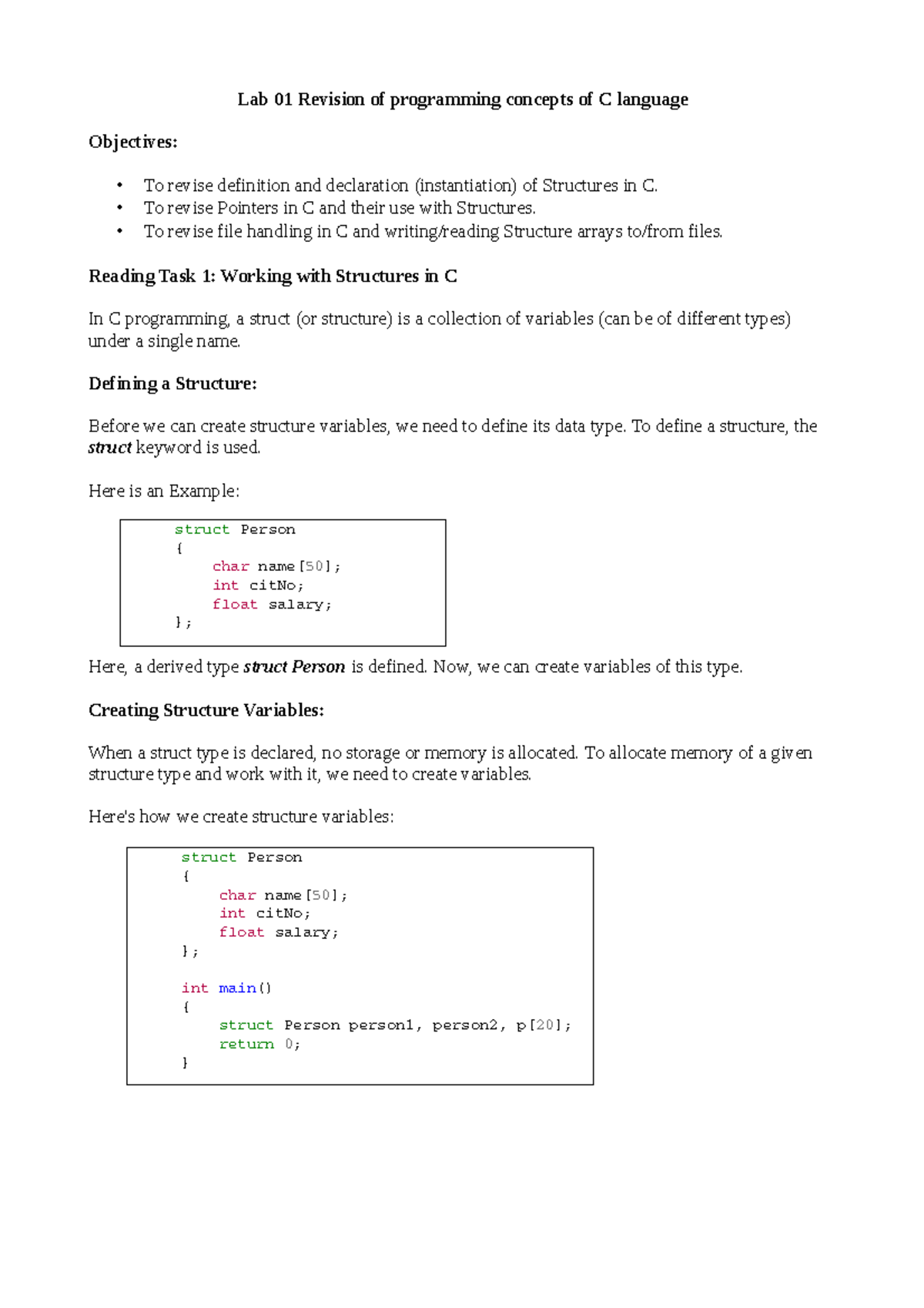 Lab 01 Revision of C Concepts - Lab 01 Revision of programming concepts ...