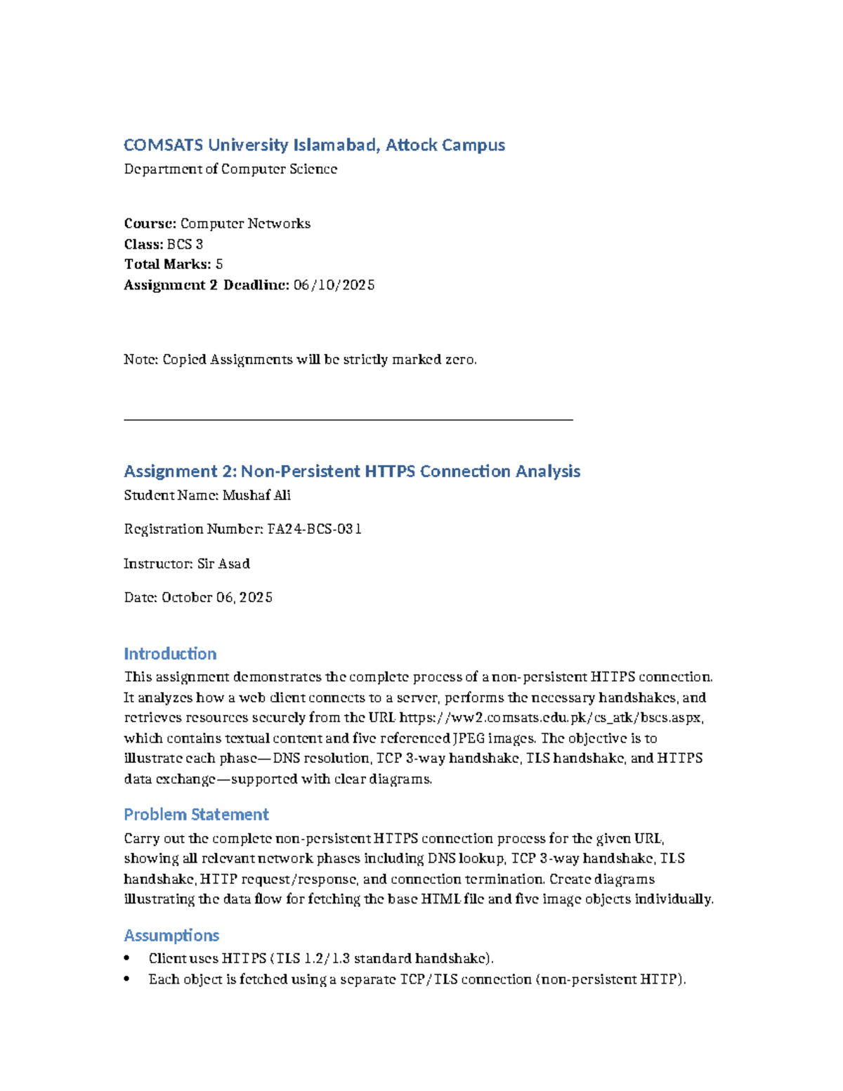 COMSATS BCS 3 Assignment 2: Non-Persistent HTTPS Connection Analysis ...