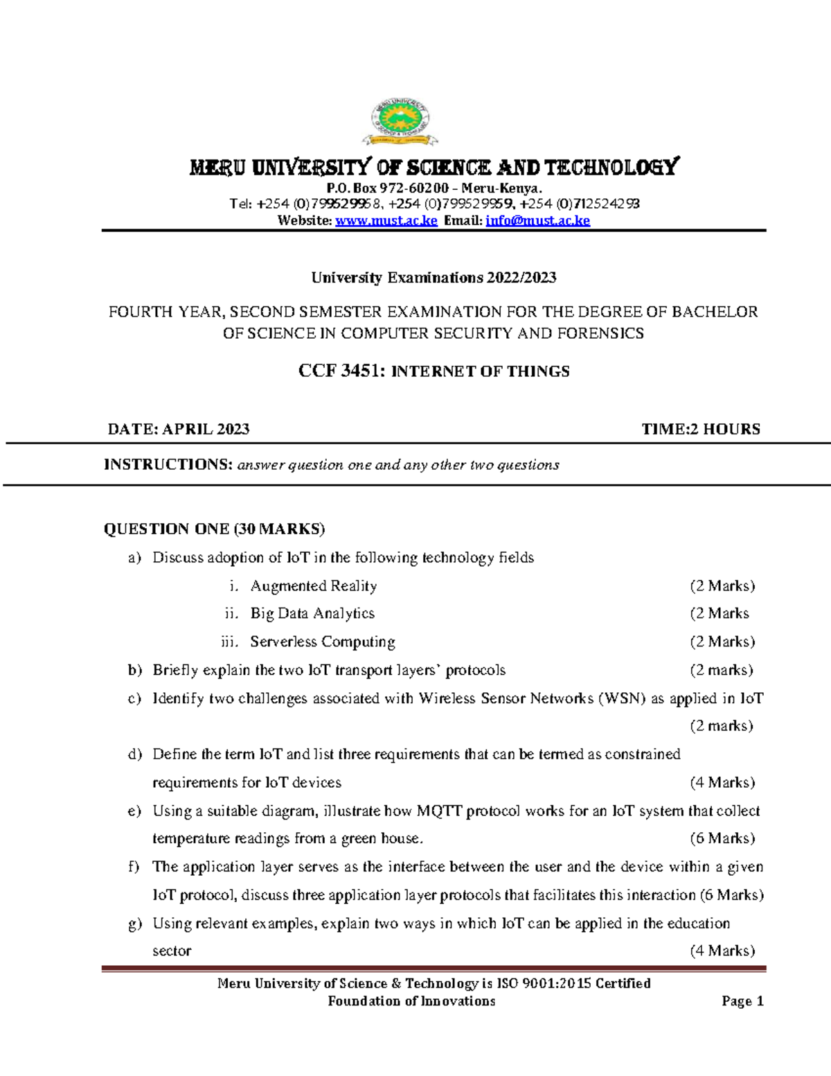 CCF 3451: Final Exam Study Guide for Internet of Things (IoT) - Studocu