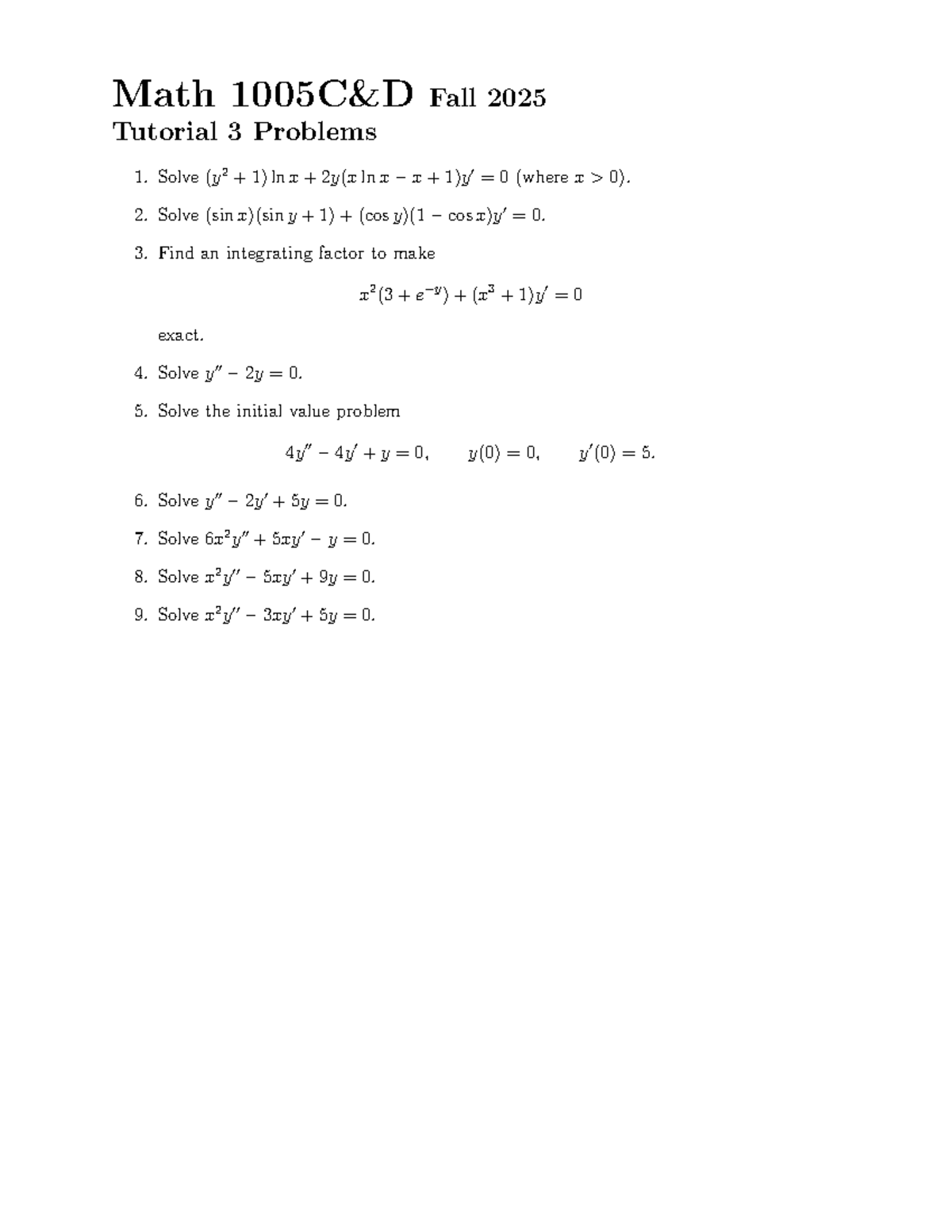 Math 1005C&D Fall 2025 Tutorial 3 Problem Solutions - Studocu
