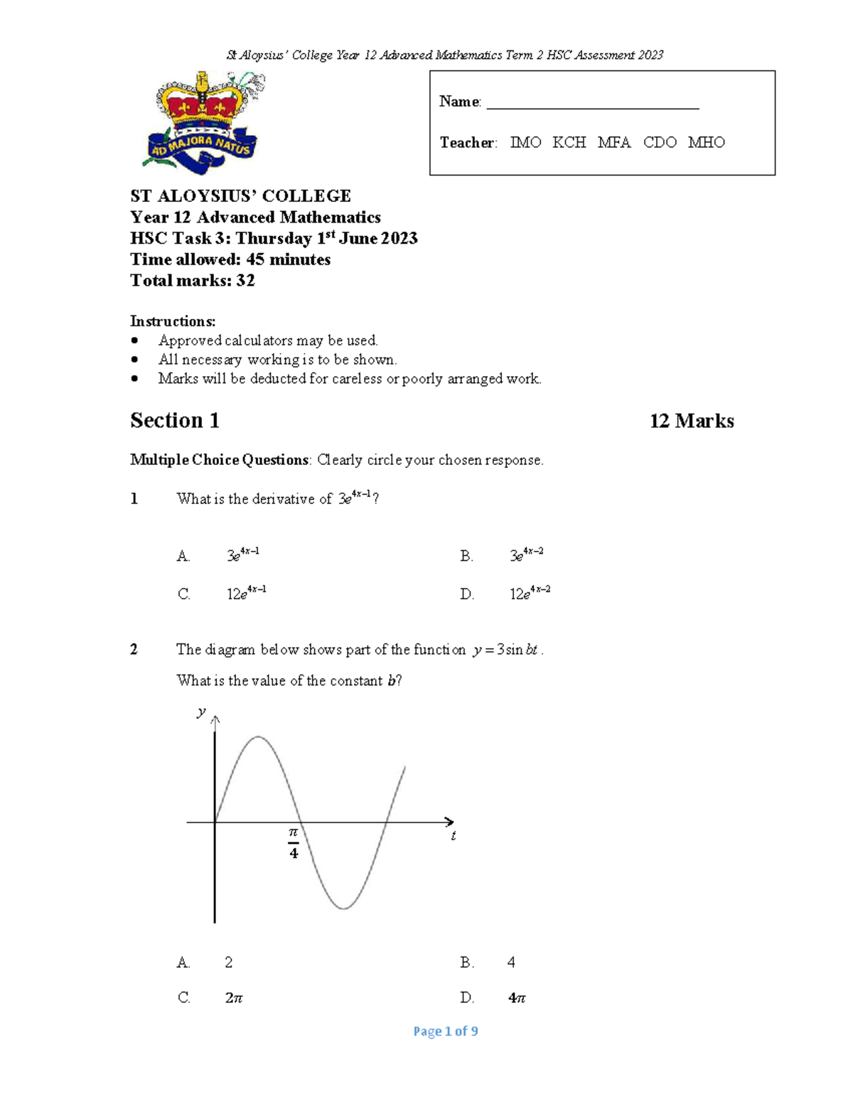 12 Adv Math T2 HSC Assessment 2023 - Task 3 Paper - Studocu