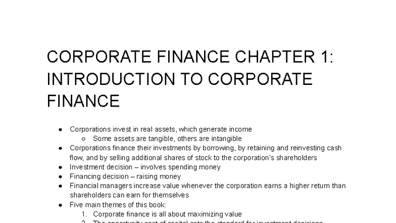 Corporate Finance Reading Notes - CORPORATE FINANCE CHAPTER 1 ...