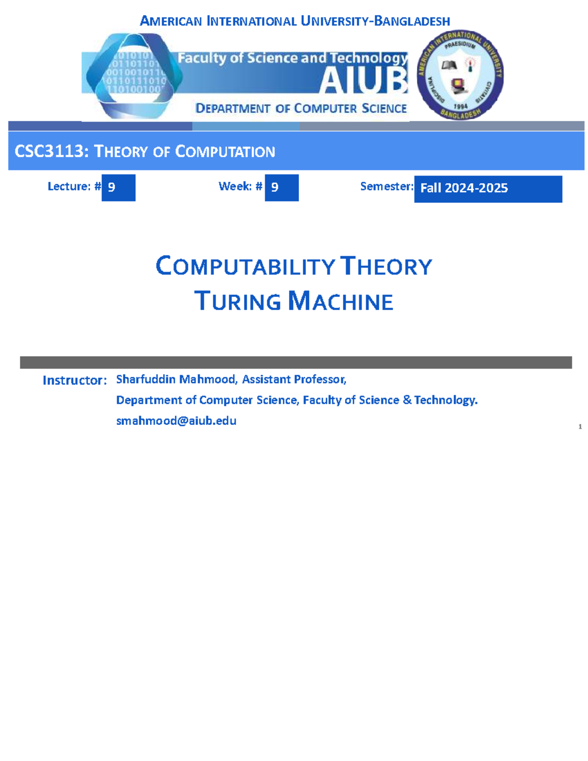 CSC3113: Theory of Computation Lecture 9 - Turing Machine Overview ...