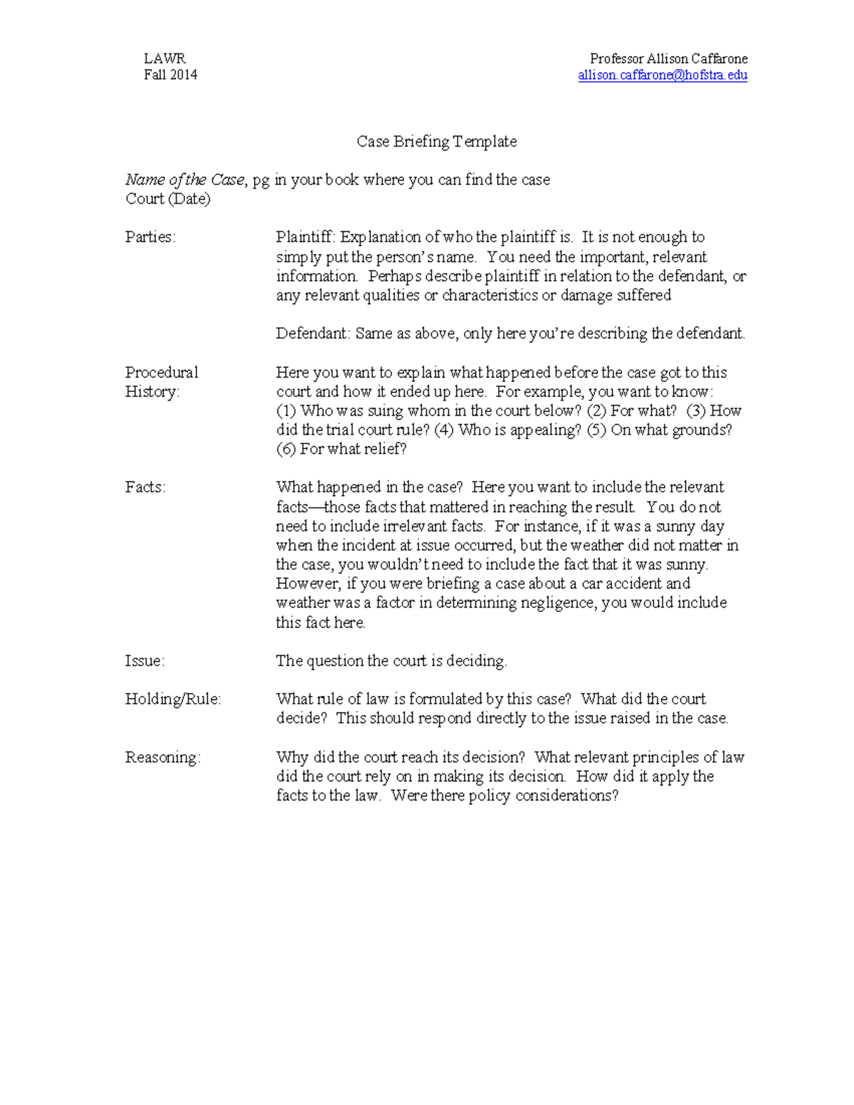 LAWR 2014 Case Briefing Template by Prof. Caffarone - Studocu