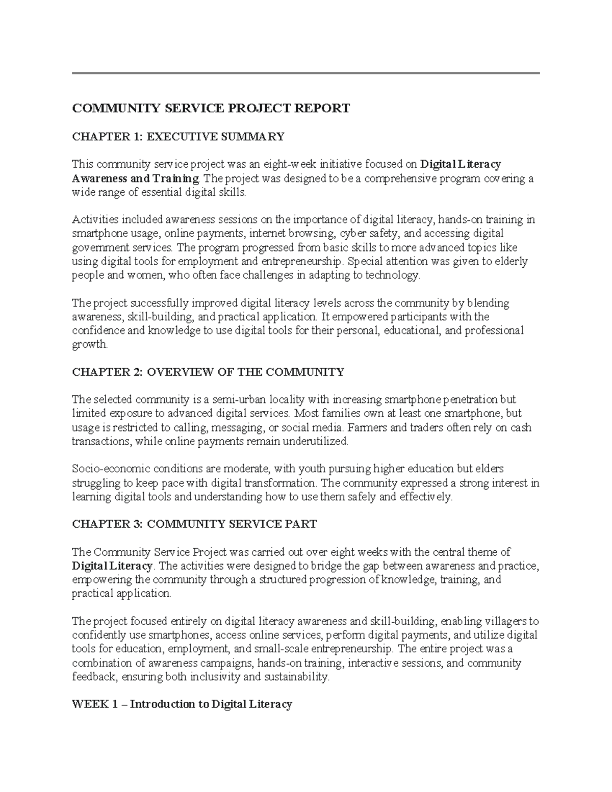 COMMUNITY SERVICE PROJECT REPORT: DIGITAL LITERACY INITIATIVE - Studocu