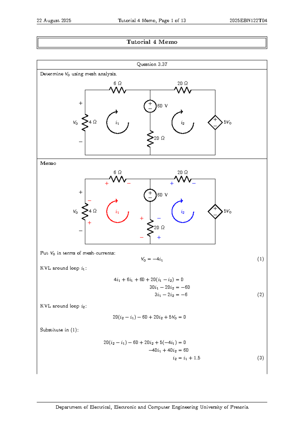 2025EBN122T04 Tutorial 4 - Memo on Mesh Analysis and Circuit Equations ...