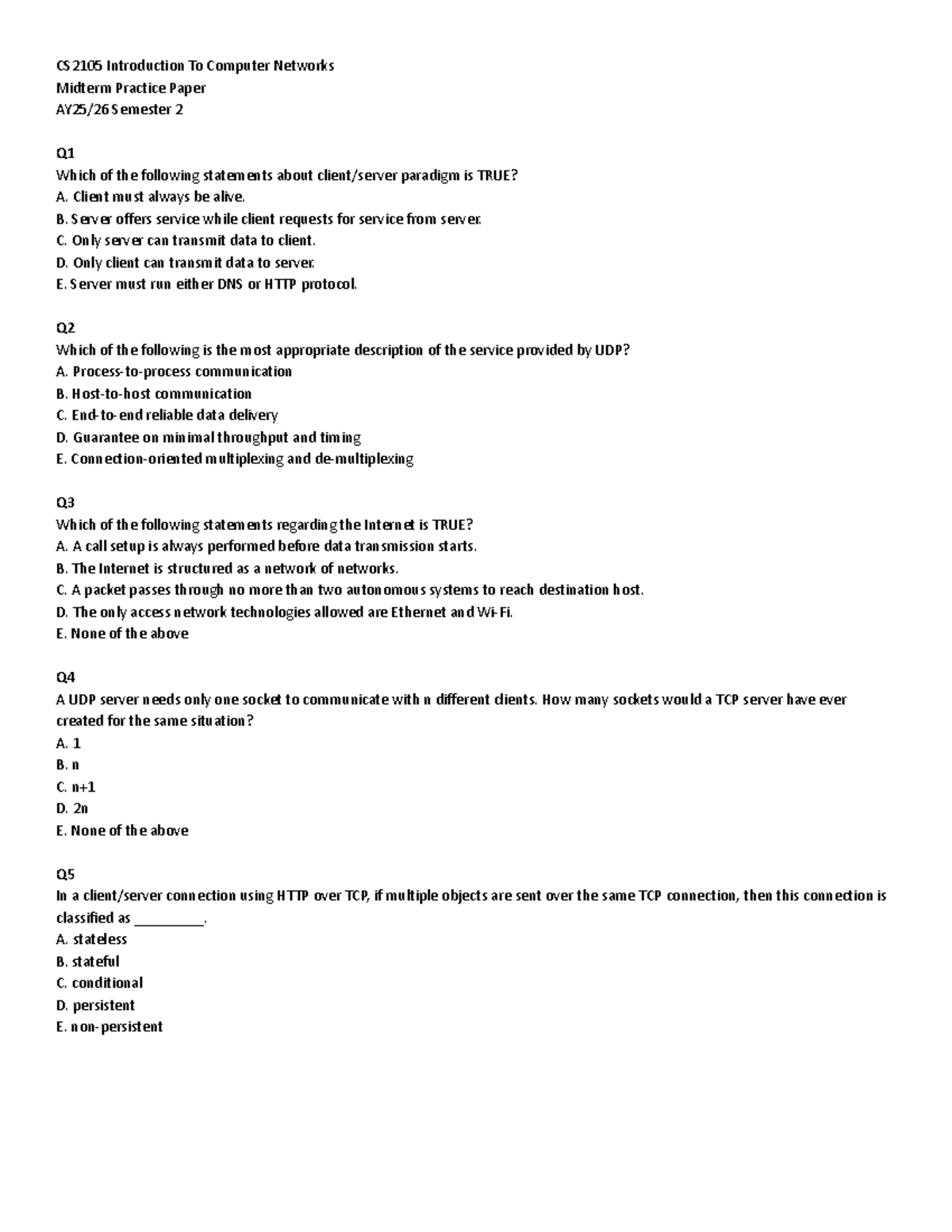 CS2105 Midterm Practice Paper on Computer Networks - Studocu
