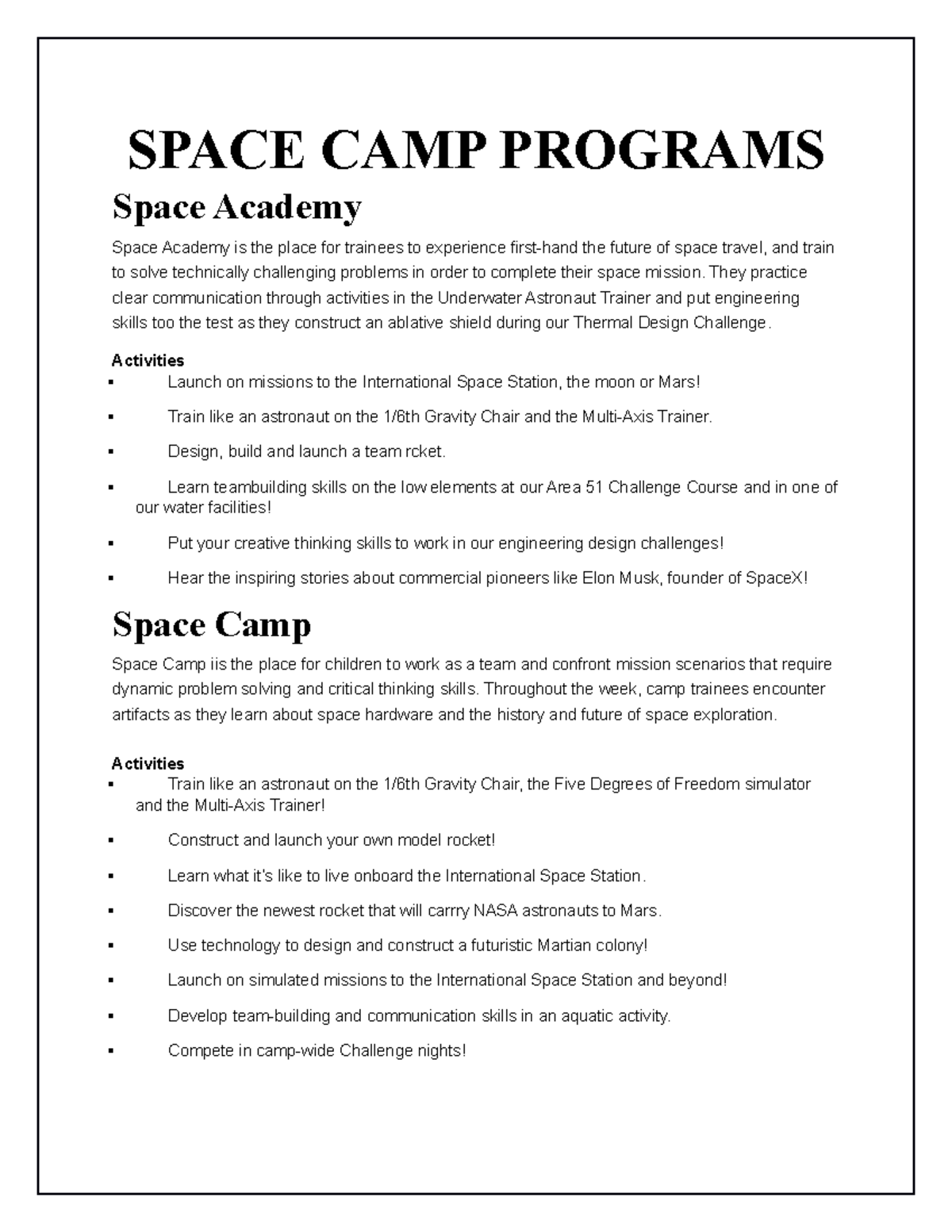 Space Camp Assignment Overview and Activities Analysis - Studocu