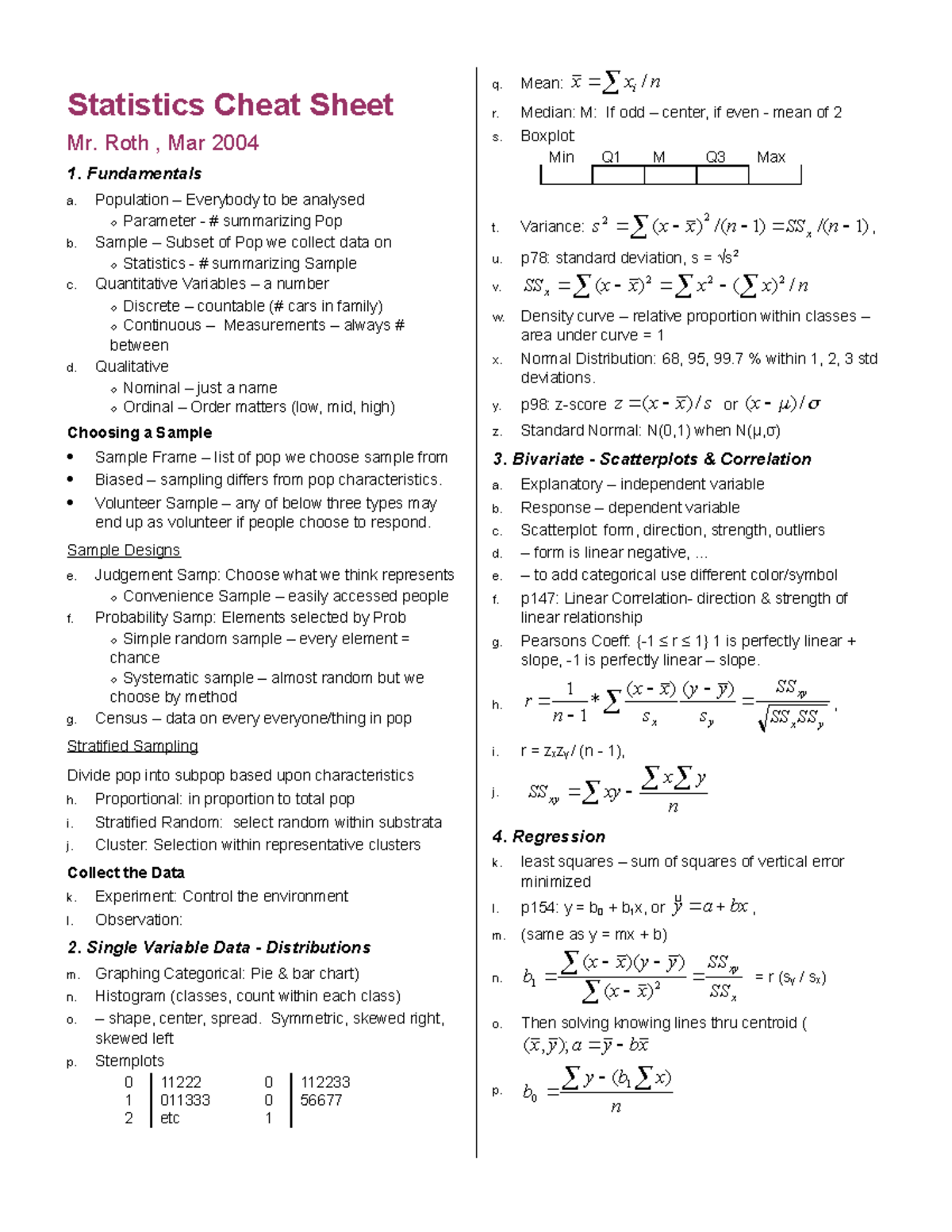 Statistics Cheat Sheet-mr-roth-2004 - Statistics Cheat Sheet Mr. Roth ...