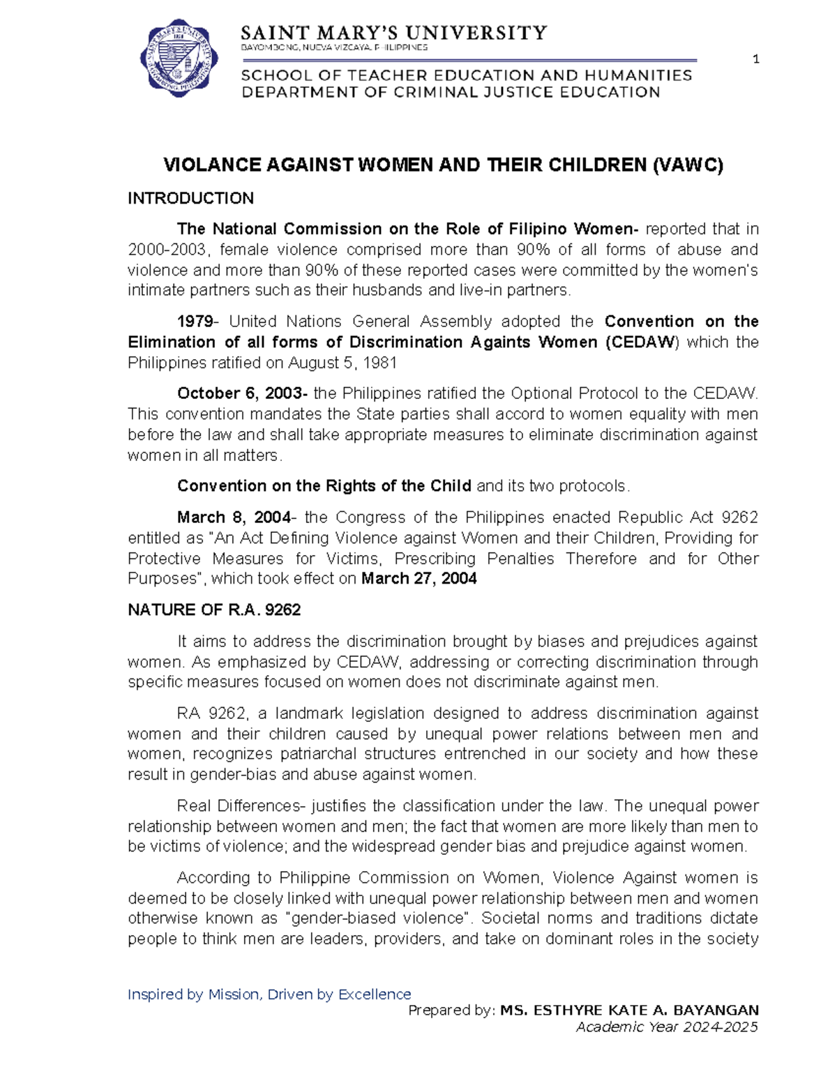 Title: RA 9262: Addressing Violence Against Women & Children in the ...
