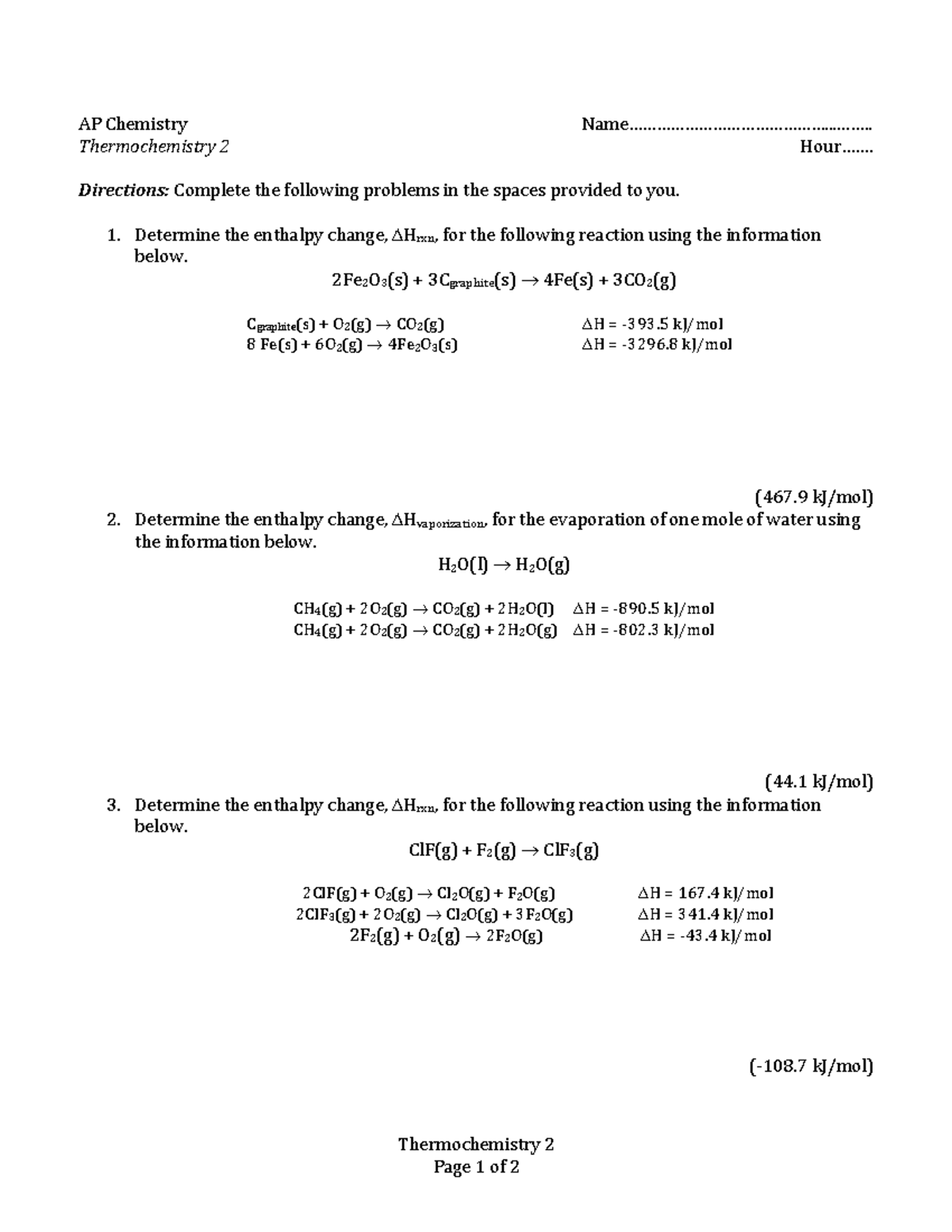 Thermochemistry Practice Problems