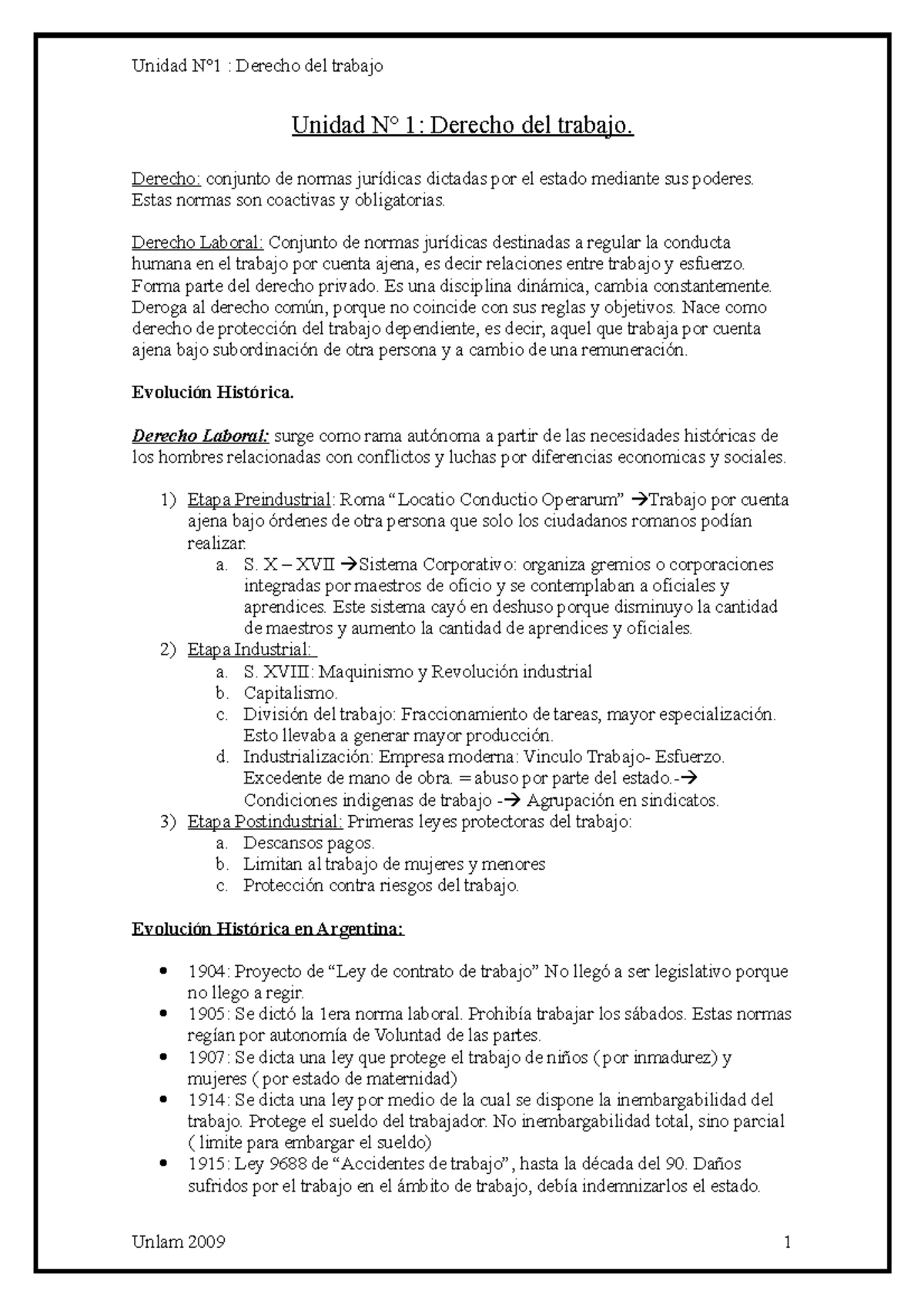Derecho Laboral 2024: Unidad 1 - El Trabajo Humano y su Evolución - Studocu