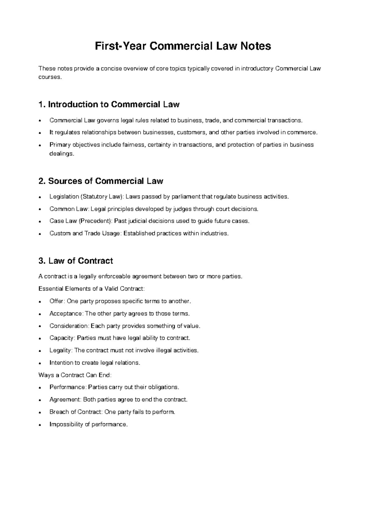 First Year Commercial Law Notes: Key Concepts and Principles - Studocu