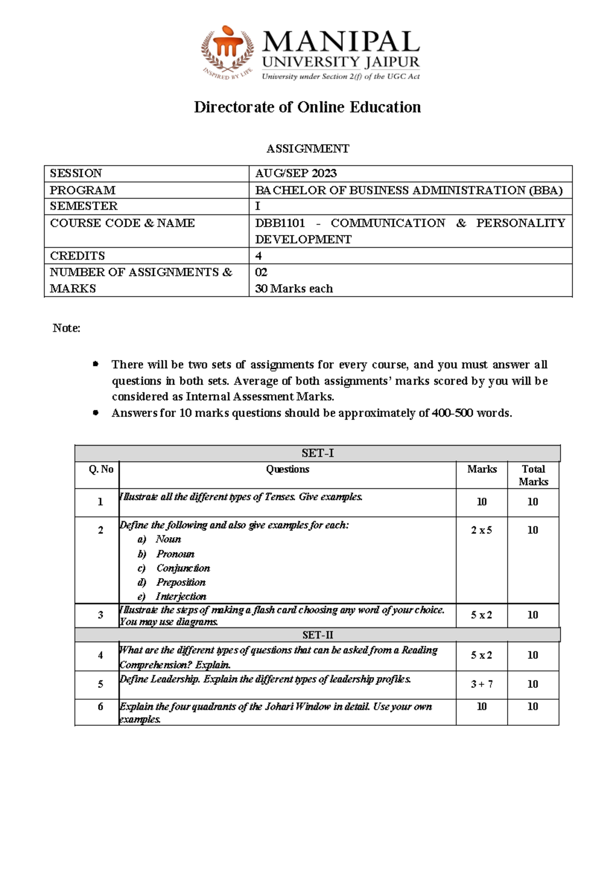 Assignment DBB1101 BBA 1 Aug-Sep 2023 Sets 1 & 2 Overview - Studocu
