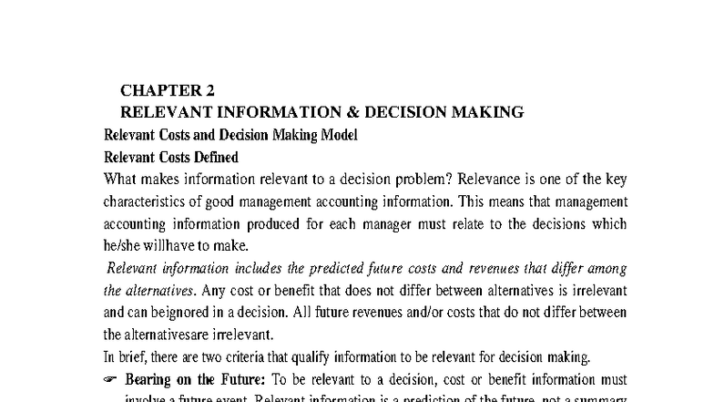 Cost II Ch2 - Relevant Costs in Decision Making and Analysis - Studocu