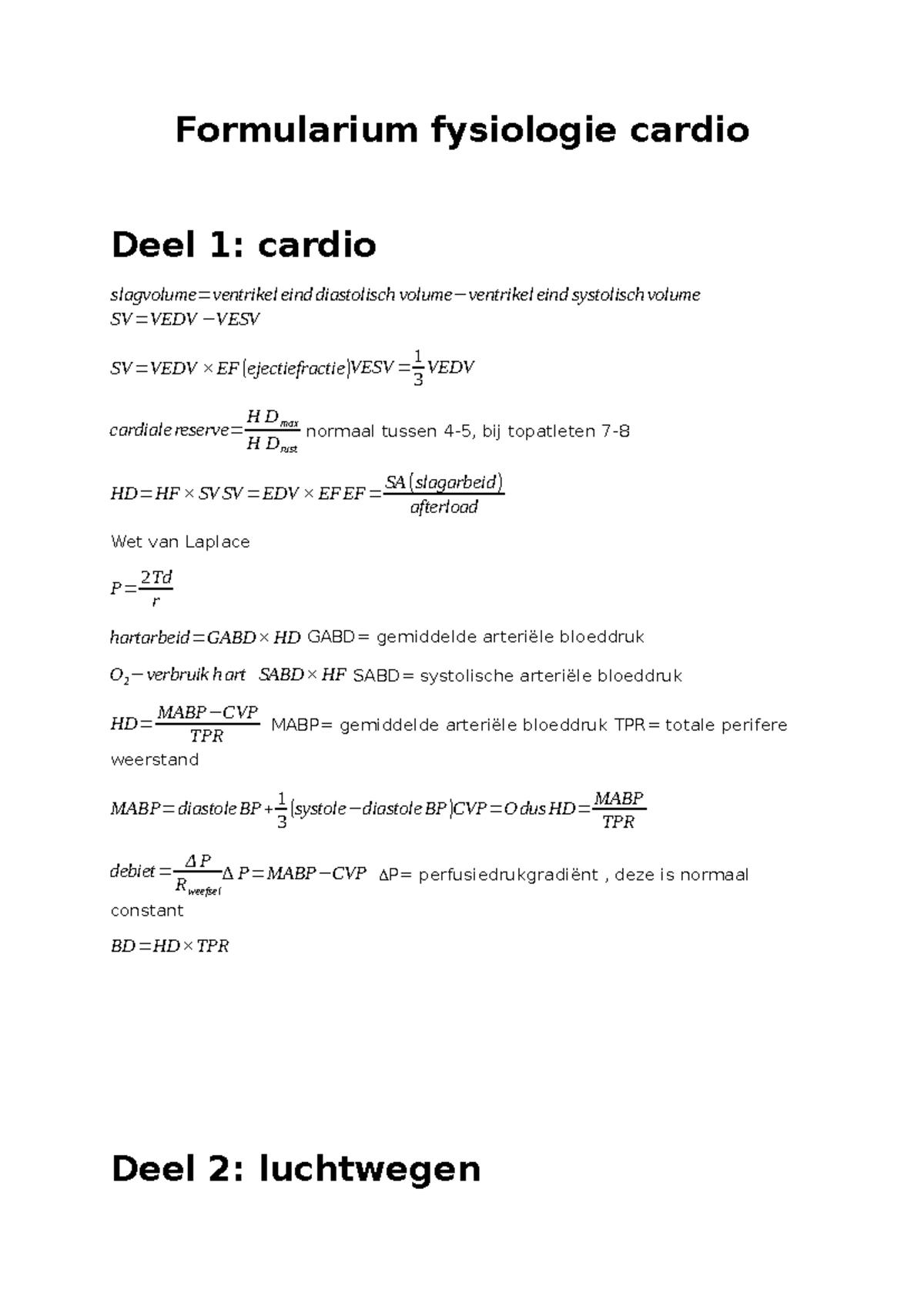 Formularium Fysiologie Cardio & Luchtwegen: Deel 1 & 2 - Studocu