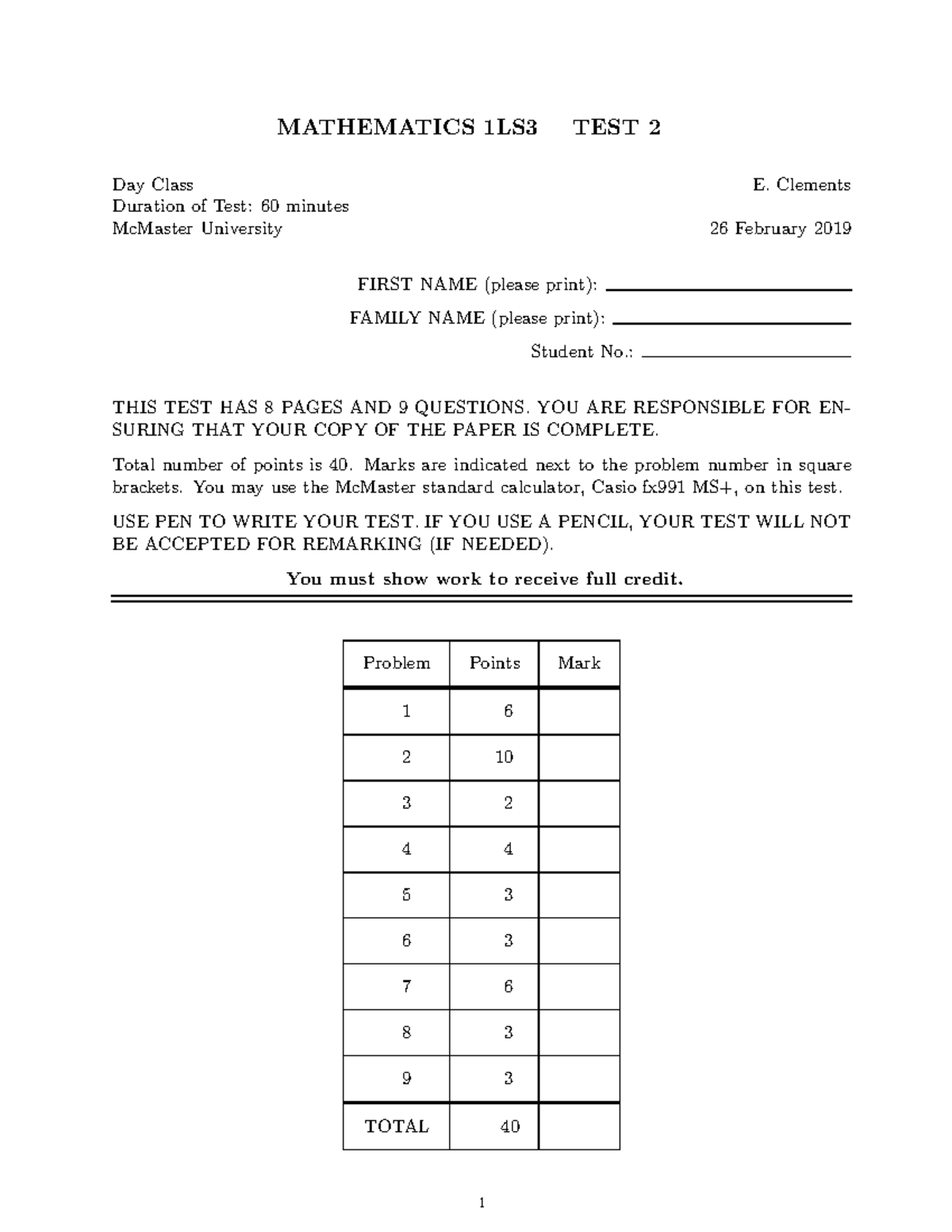 math 1LS3 Test 2 Winter 2019 - MATHEMATICS 1LS3 TEST 2 Day Class E ...