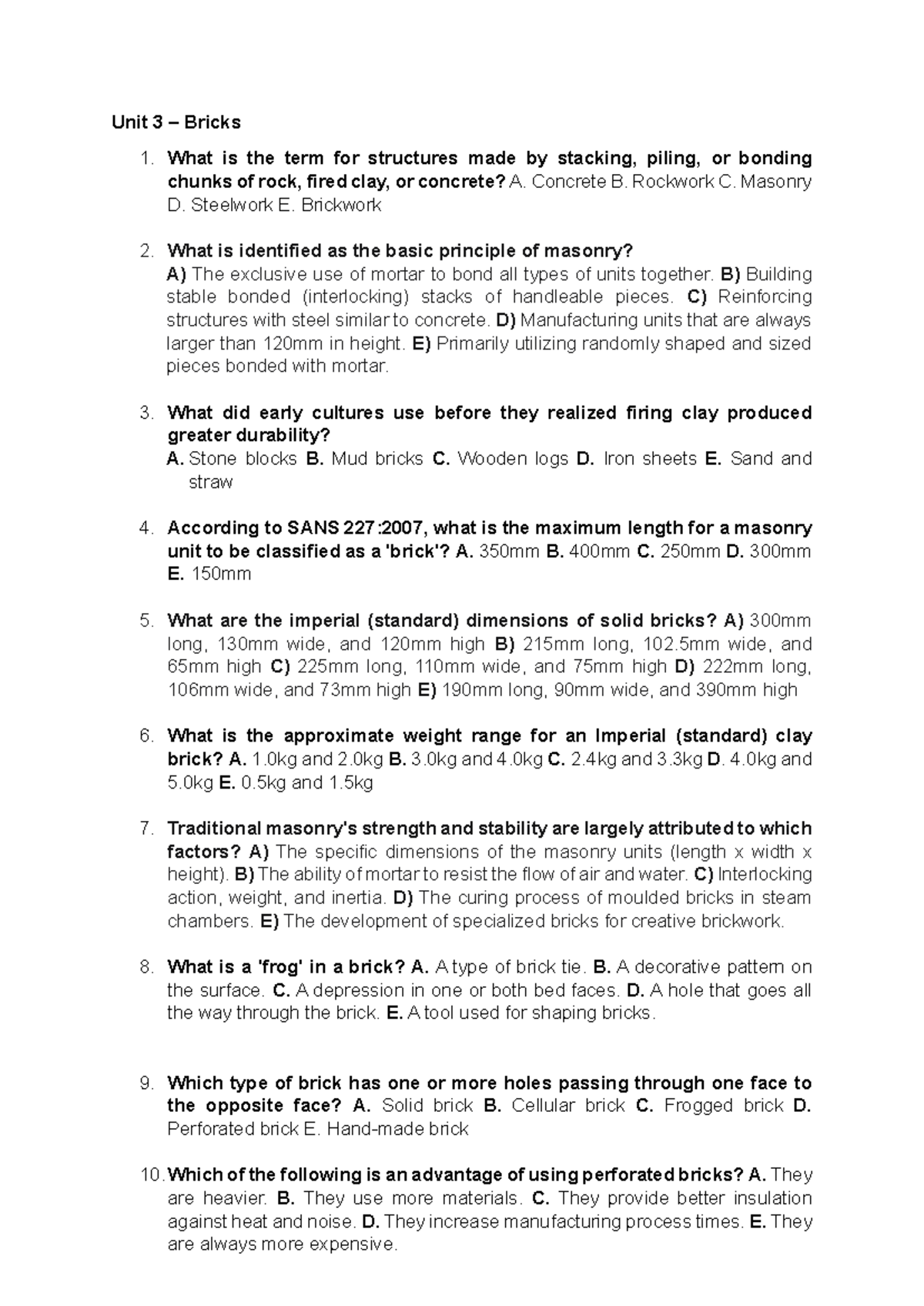 Brick MC Questions - Practice for Unit 3 - Studocu