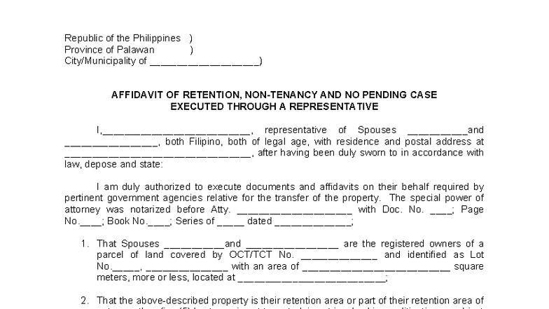 AO 4 S.2021 Affidavit of Retention, Non-Tenancy & No Pending Case - Studocu