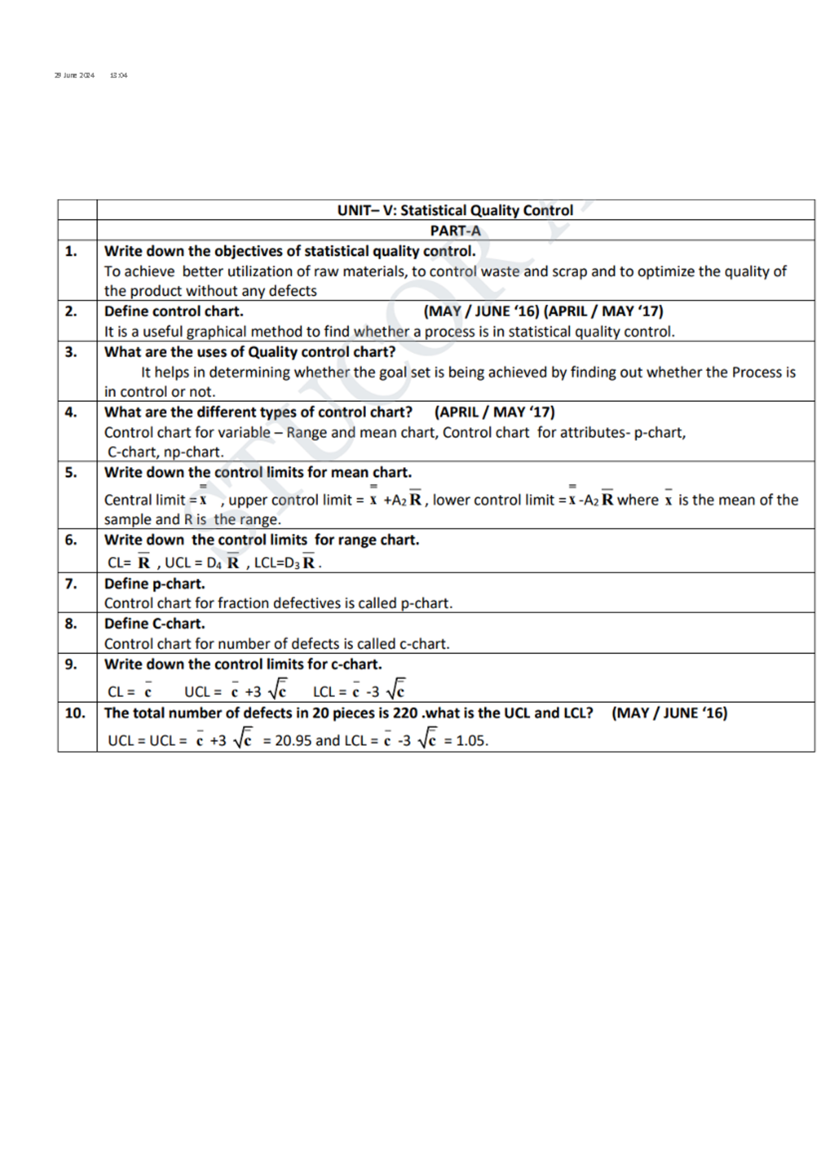 Unit-5 - Good notes - 29 June 2024 13:04 V: Statistical Quality Control ...