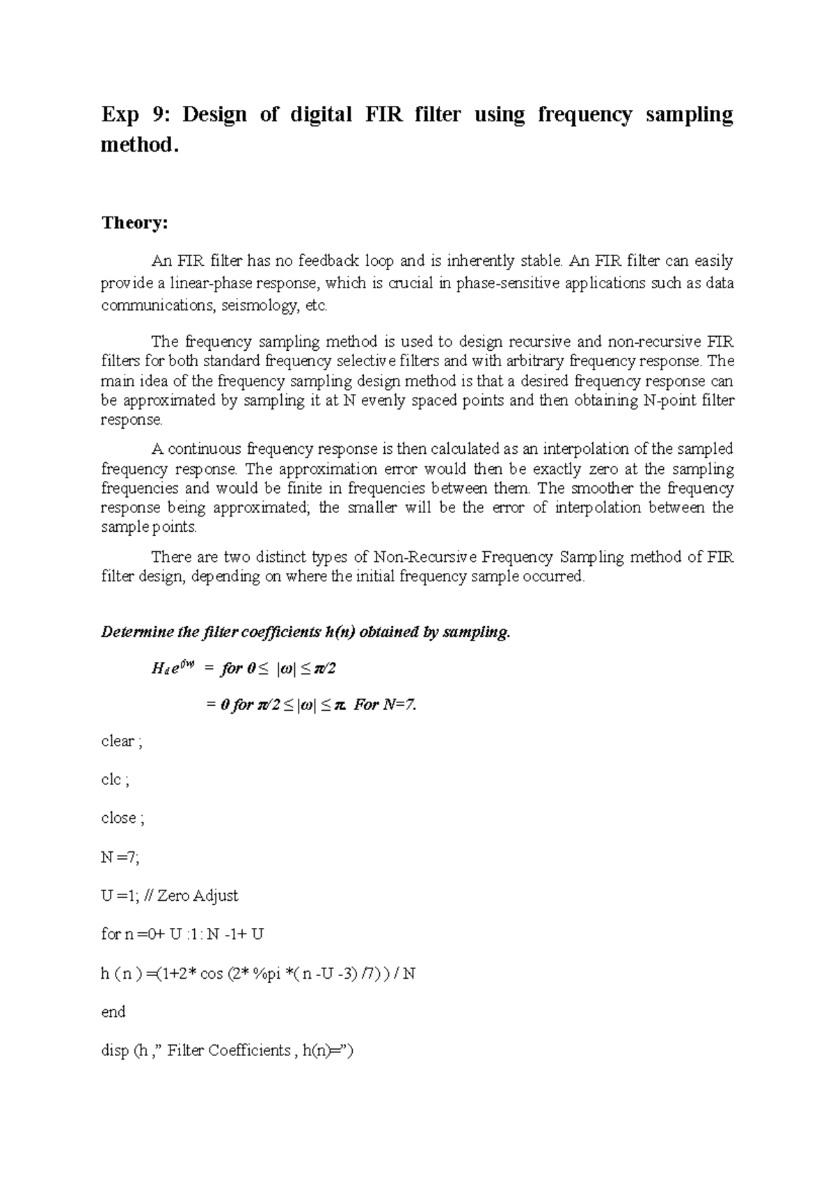 EXp 9-DSP - Exp 9: Design of digital FIR filter using frequency ...