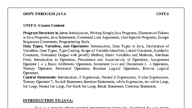 OOPS THROUGH JAVA - UNIT-1: Key Concepts and Programming Basics - Studocu