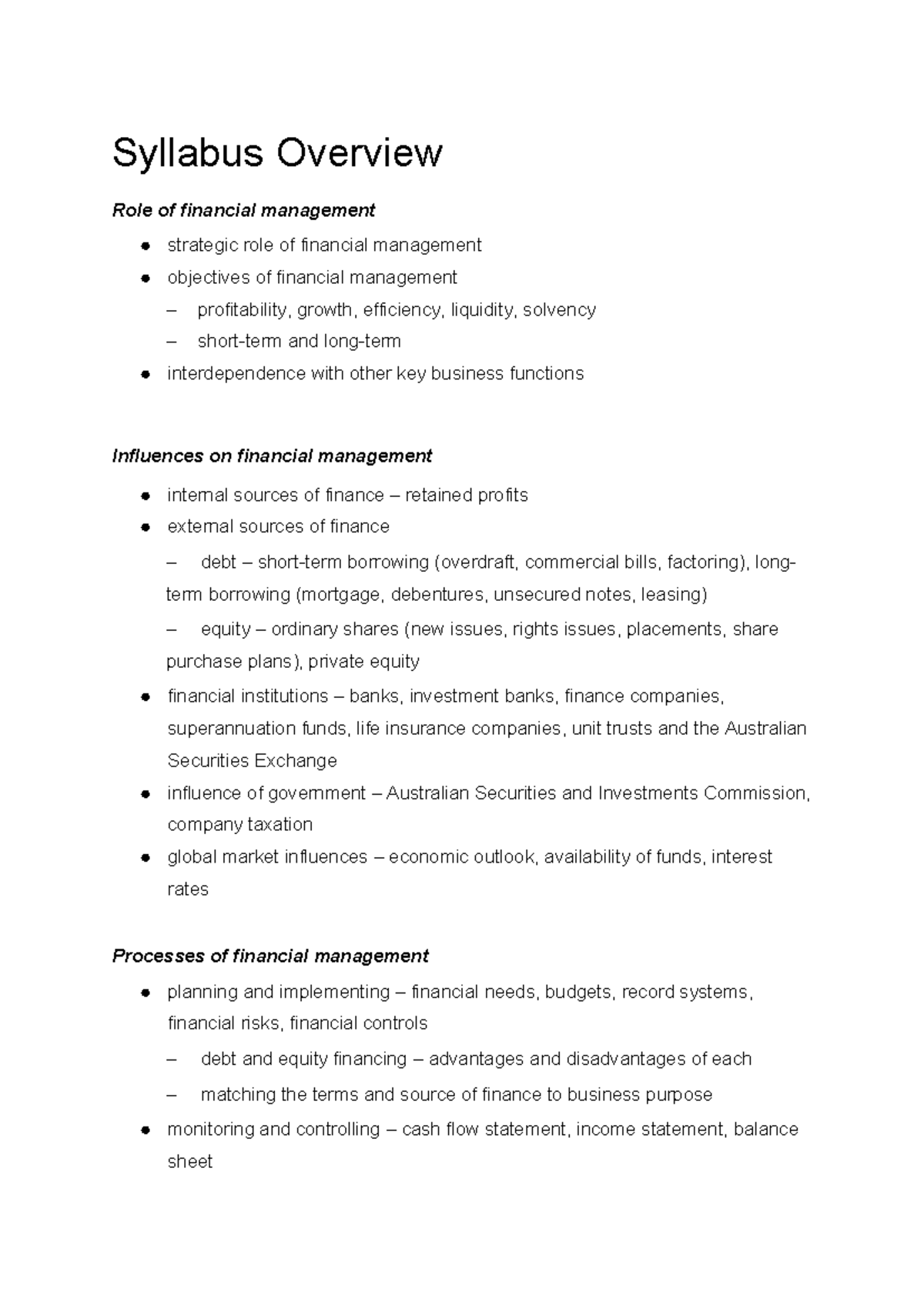 Business Studies Topic 2: Finance Syllabus Overview and Key Concepts ...