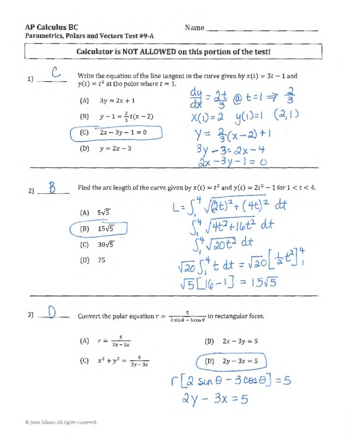 AP Calculus BC: Parametrics, Polars & Vectors Test Solutions - Studocu