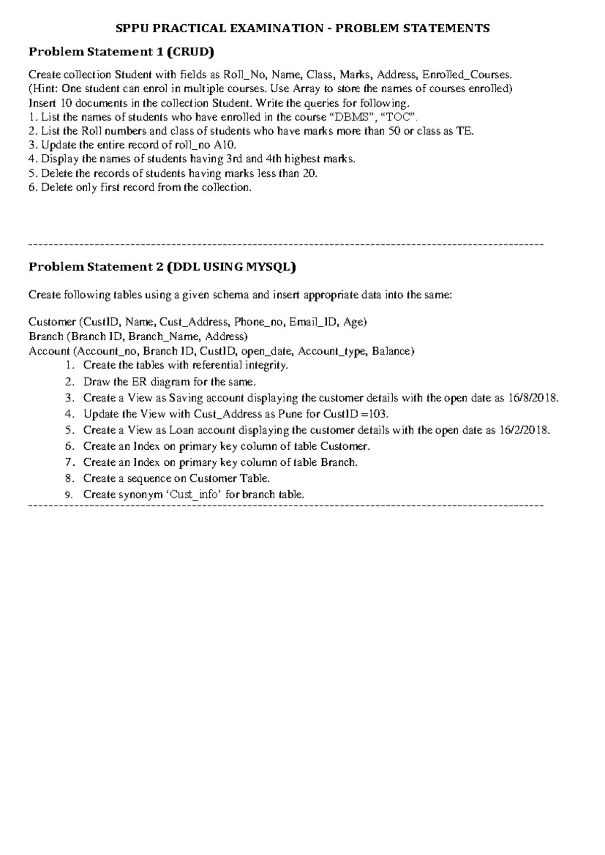 DBMS Practice Questions Set: SPPU Practical Exam Problems - Studocu