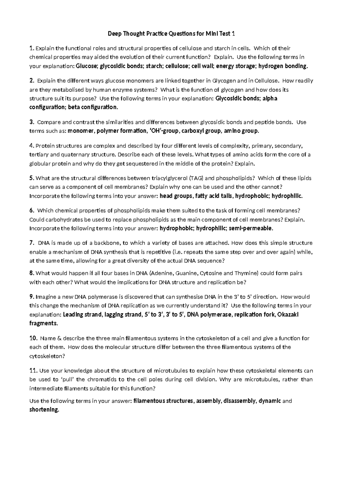 Mini Test 1 Practice Questions for Biology 101 - 1st Sem 2025 - Studocu