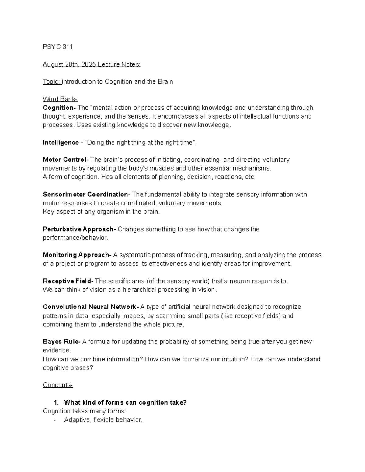 PSYC 311 Aug 28, 2025 Lecture Notes: Intro to Cognition & Brain - Studocu