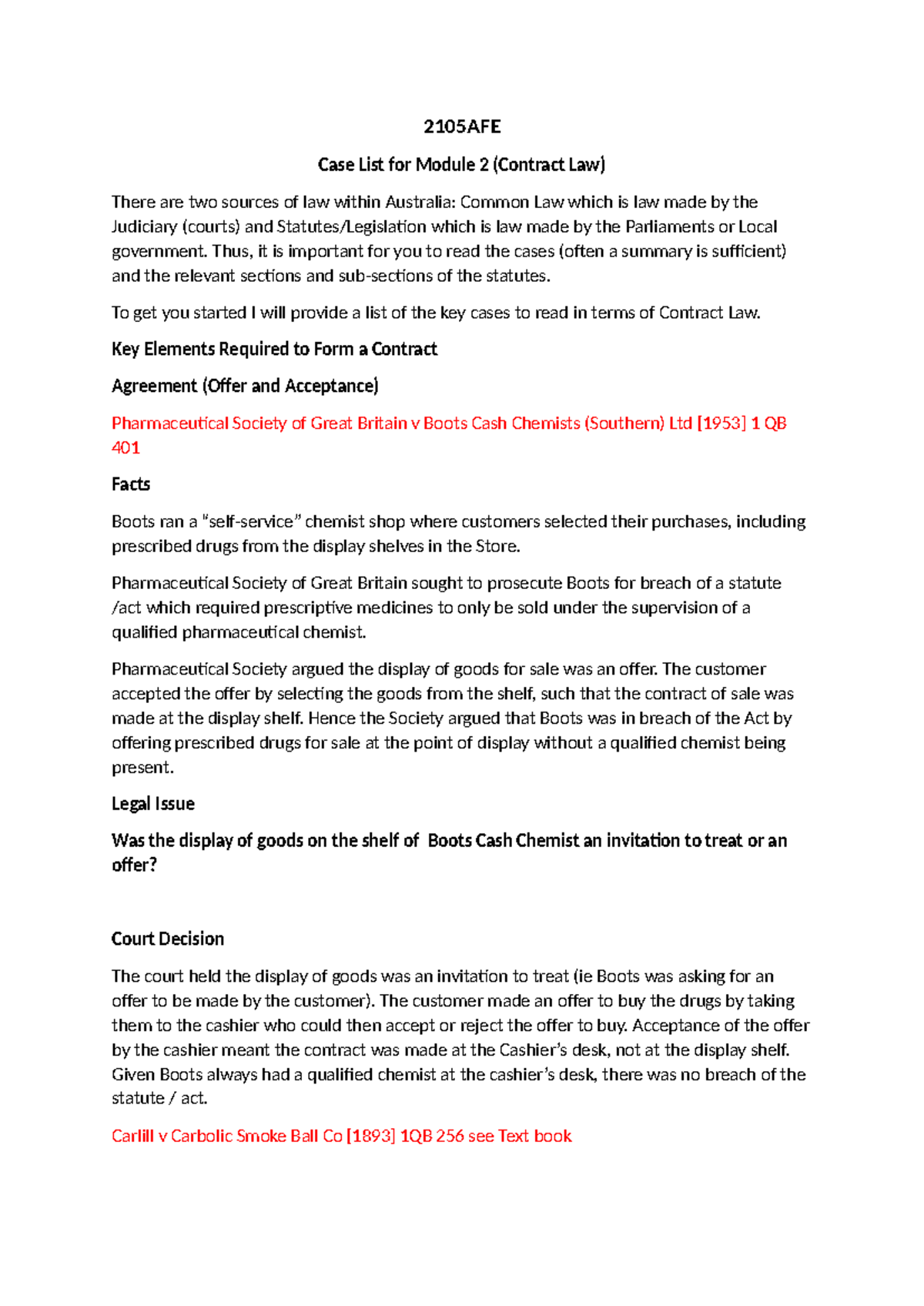 2105AFE Case List for Module 2: Key Contract Law Cases - Studocu